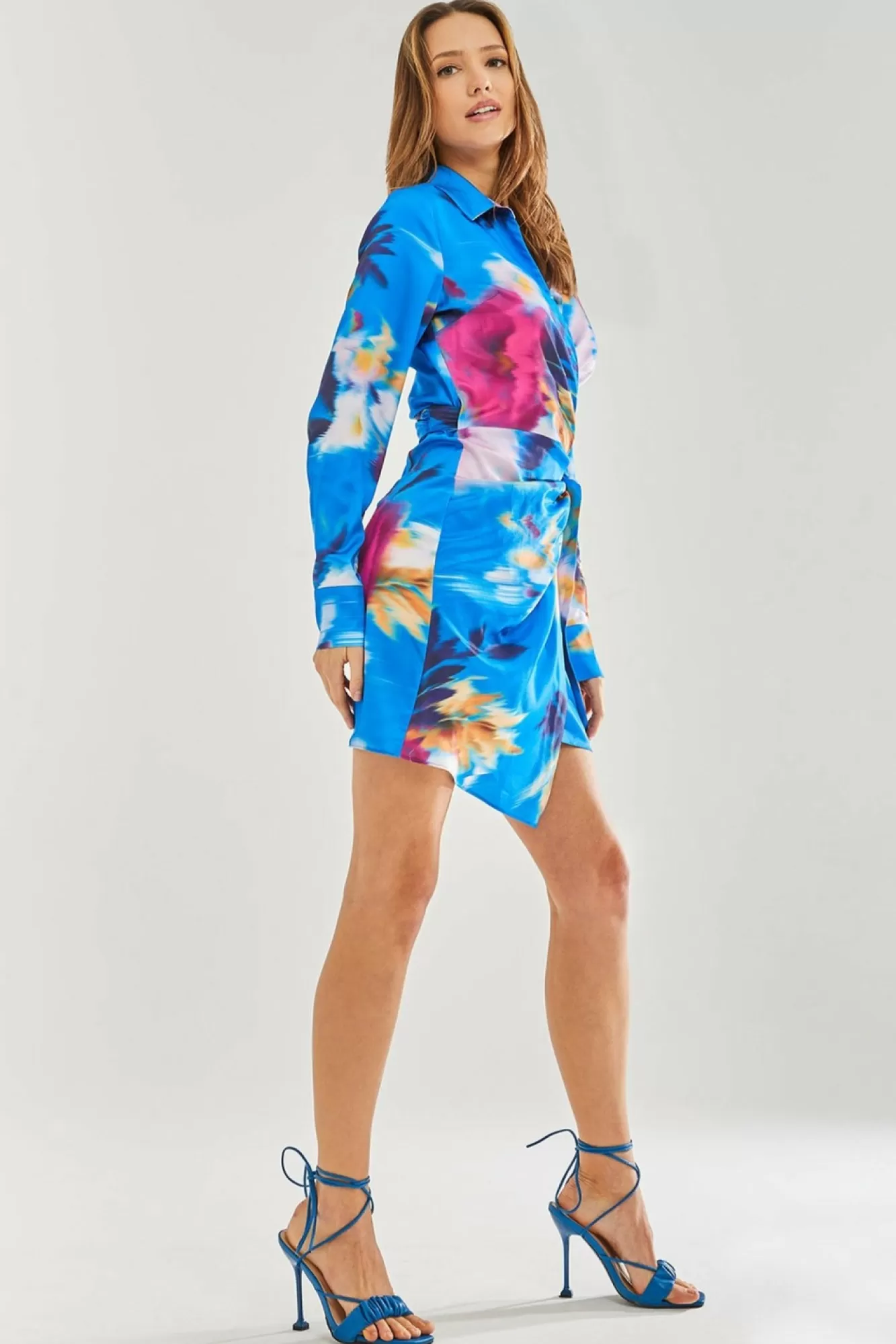 Mini Dresses^Liquorish Floral Satin Mini Wrap Dress Blue