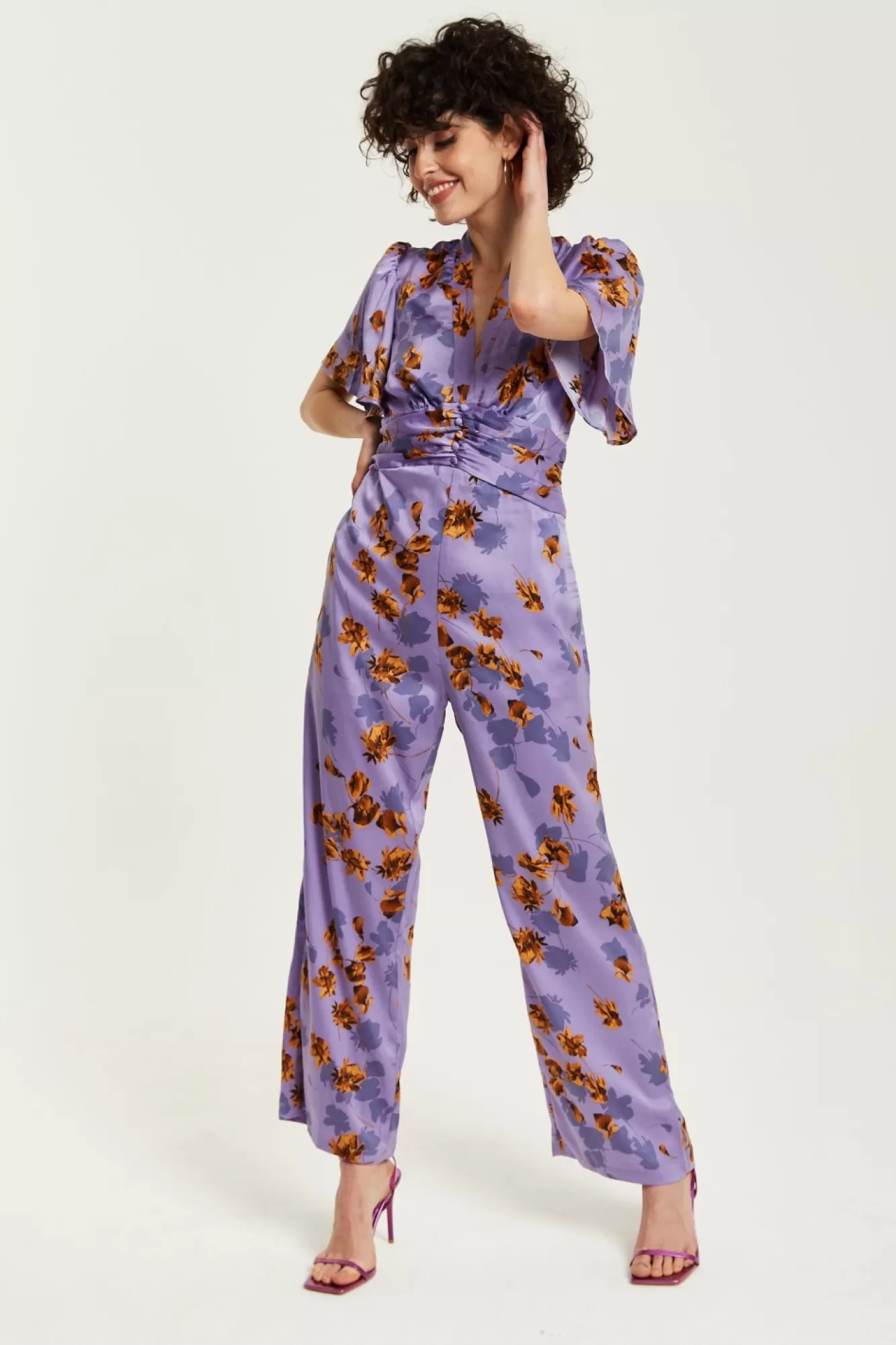 Jumpsuits^Liquorish Floral Wide Leg Jumpsuit With Angel Sleeves Purple