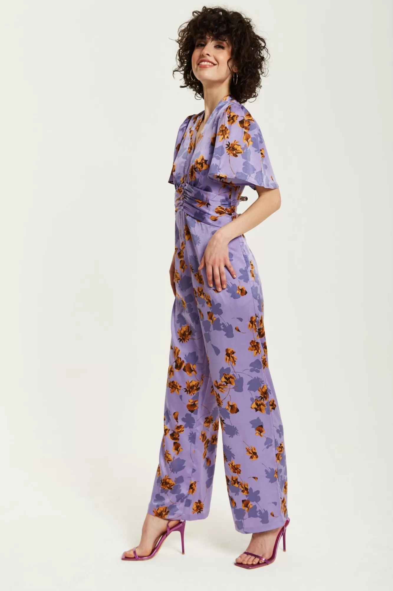 Jumpsuits^Liquorish Floral Wide Leg Jumpsuit With Angel Sleeves Purple