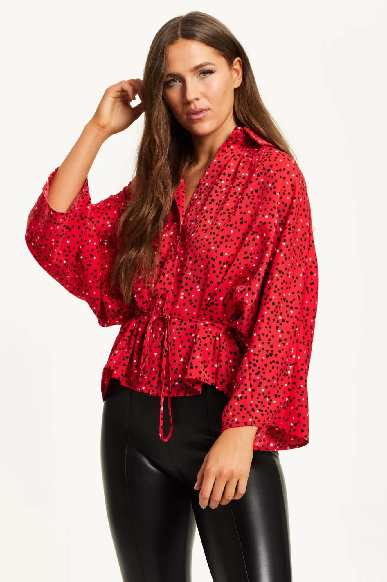 Long Sleeve Tops^Liquorish Heart Print Shirt With Long Sleeves And Tie Waist Red