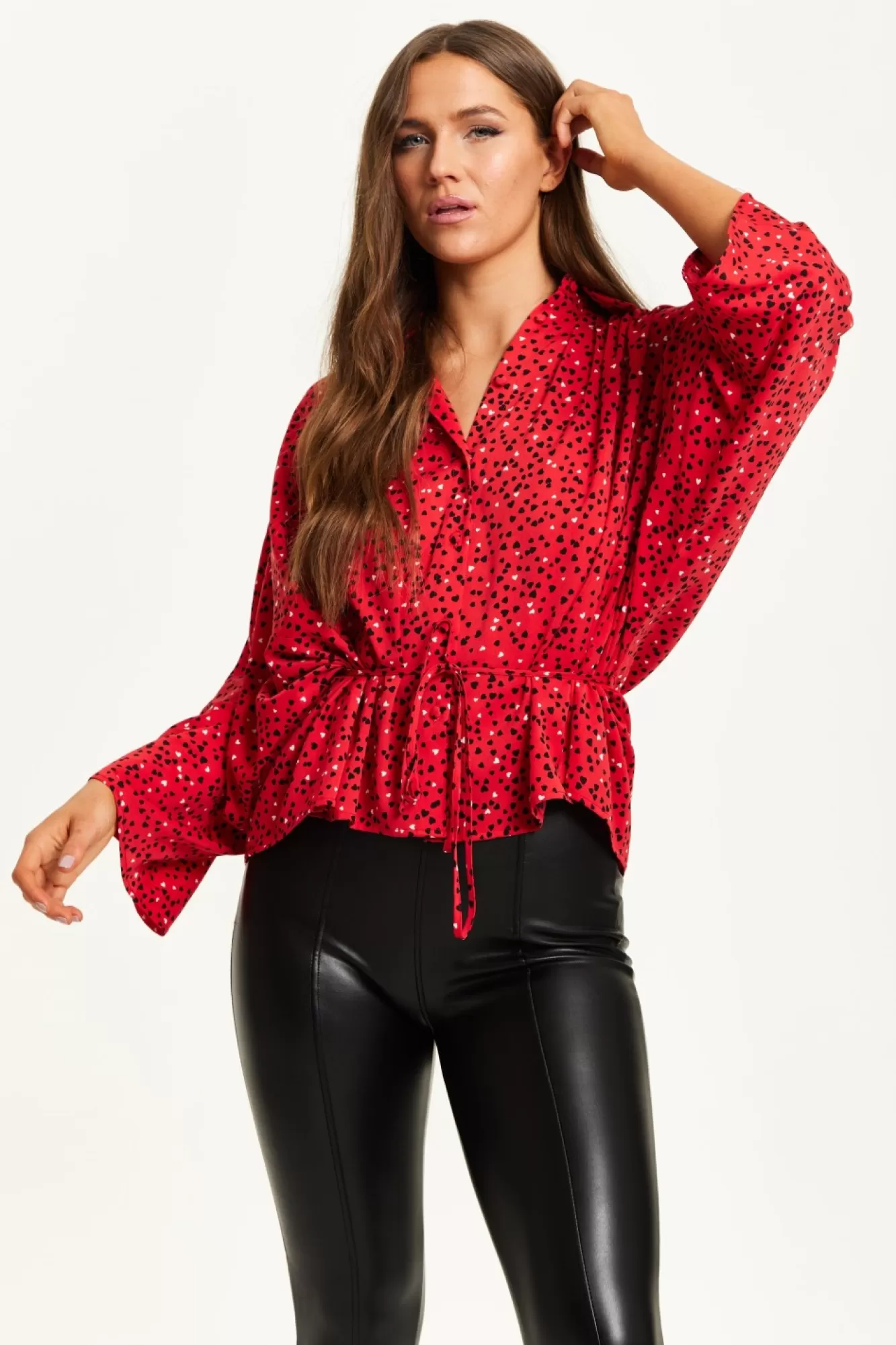 Long Sleeve Tops^Liquorish Heart Print Shirt With Long Sleeves And Tie Waist Red