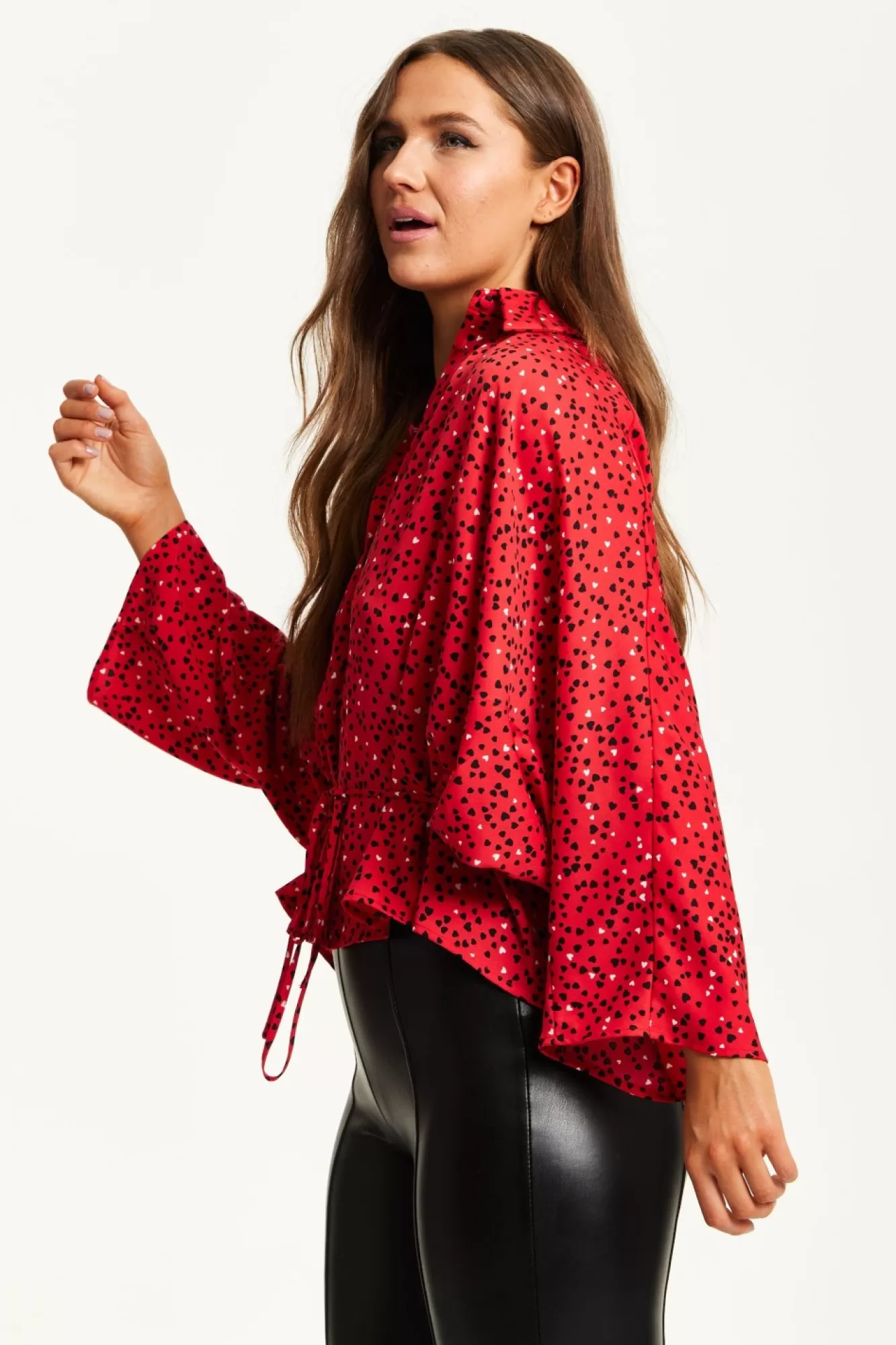 Long Sleeve Tops^Liquorish Heart Print Shirt With Long Sleeves And Tie Waist Red