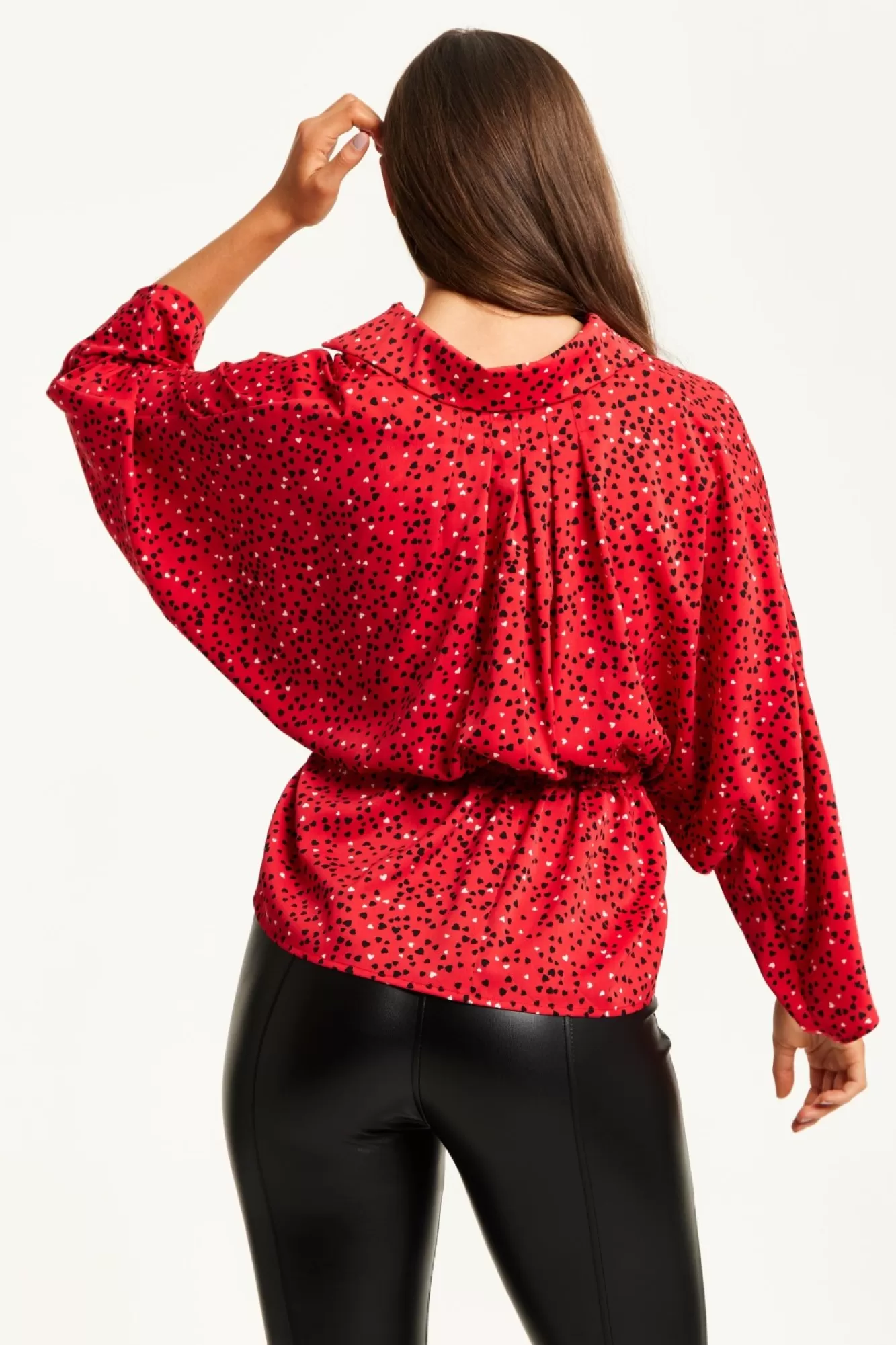 Long Sleeve Tops^Liquorish Heart Print Shirt With Long Sleeves And Tie Waist Red