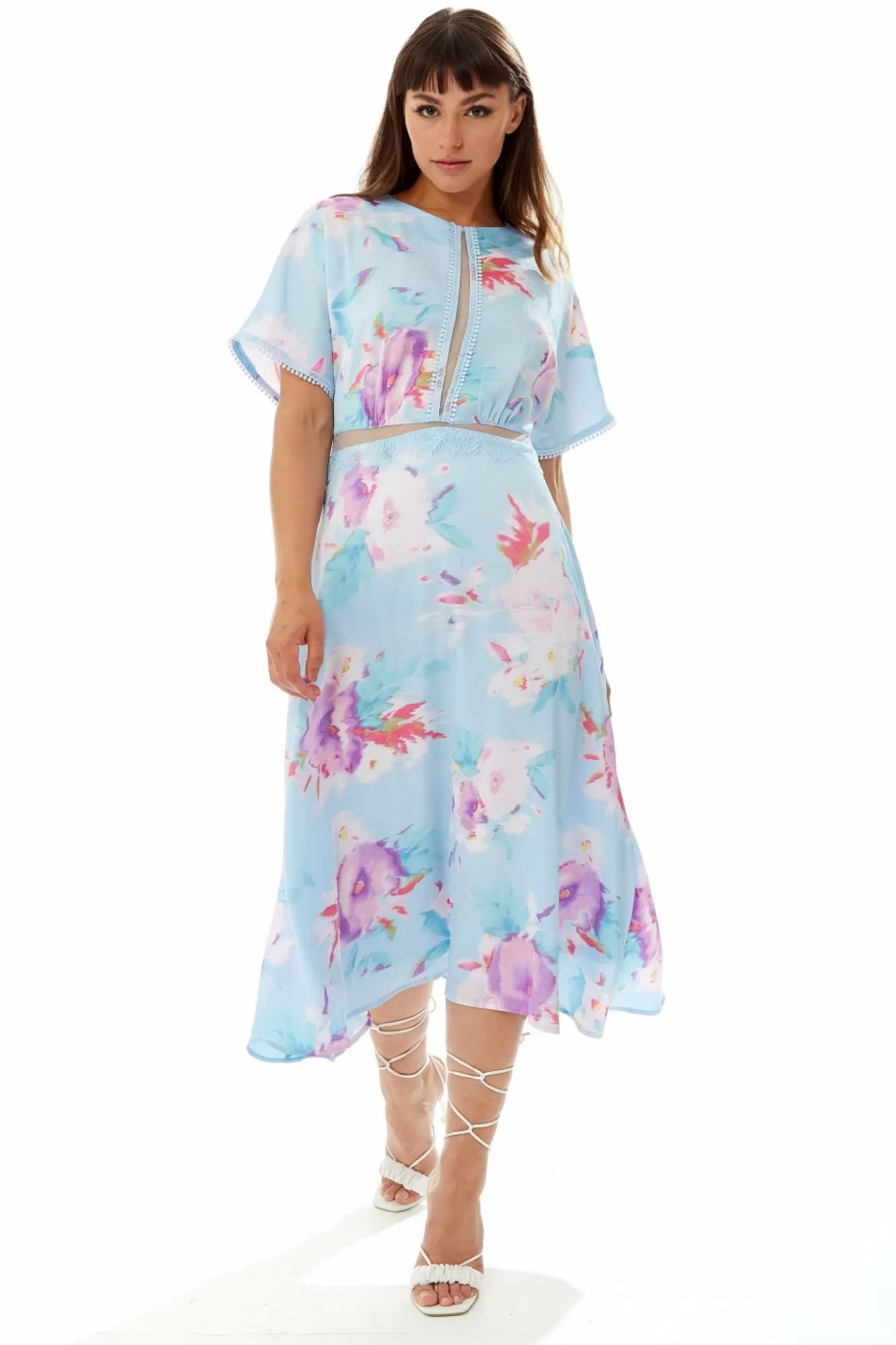 Midi Dresses^Liquorish Midi Floral Print Dress With Mesh Detail In Blue