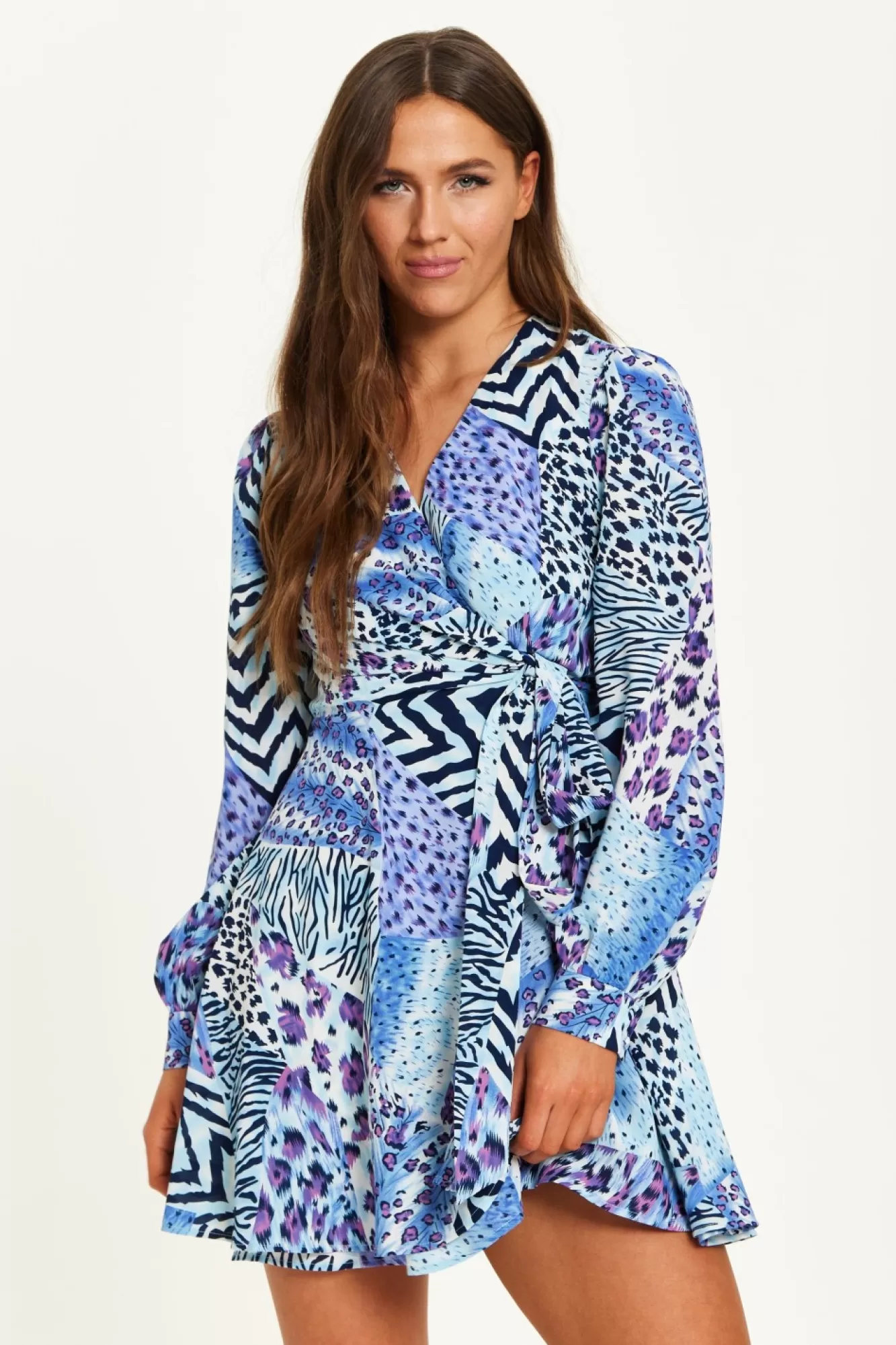 Mini Dresses^Liquorish Mixed Animal Print Mini Wrap Dress Blue