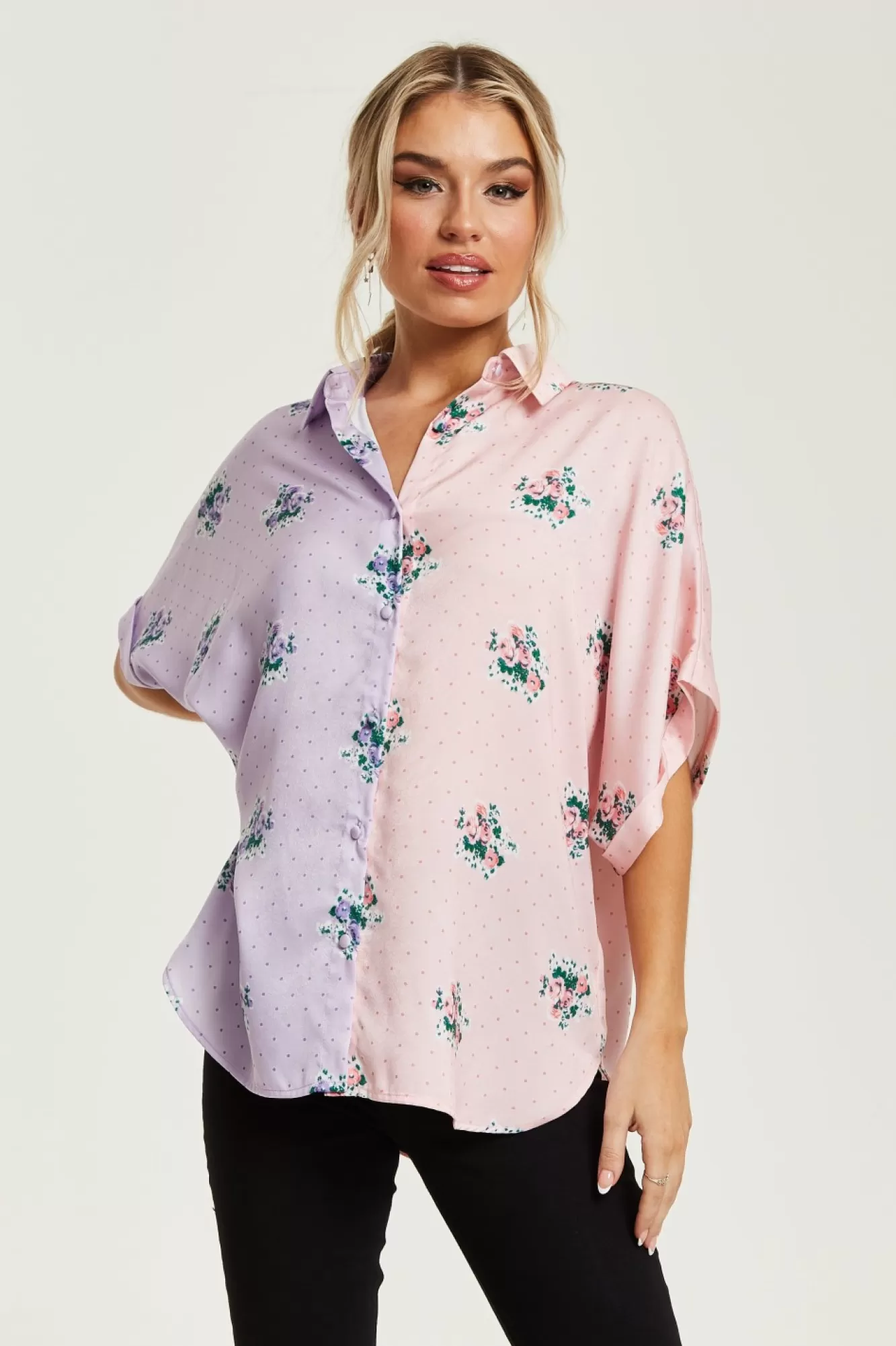 Short Sleeve Tops^Liquorish Pink And Lilac Floral Print Shirt Multicolour