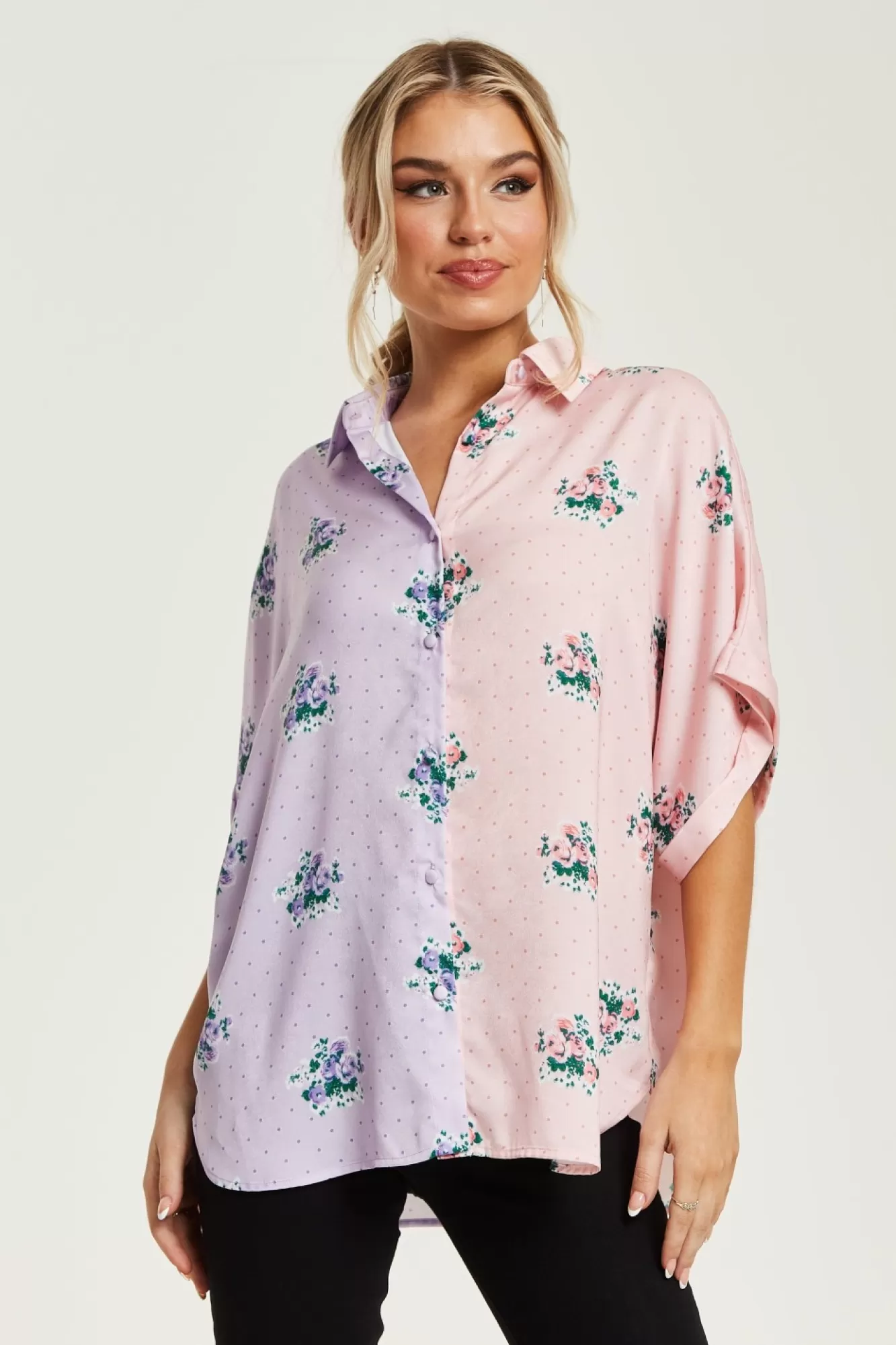 Short Sleeve Tops^Liquorish Pink And Lilac Floral Print Shirt Multicolour