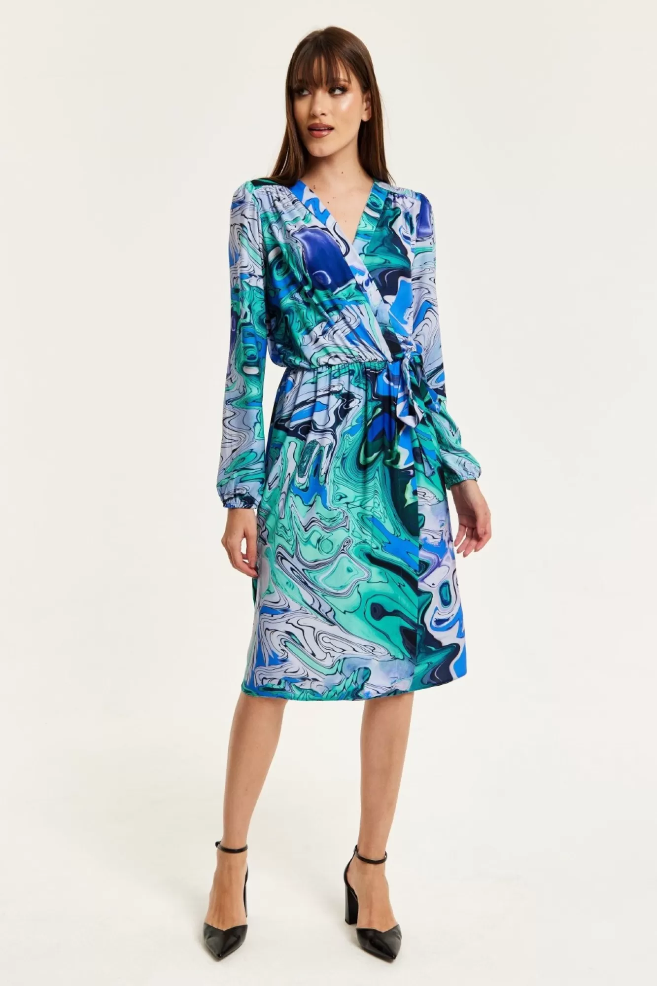 Midi Dresses^Liquorish Turquoise Marble Print Midi Wrap Dress Blue