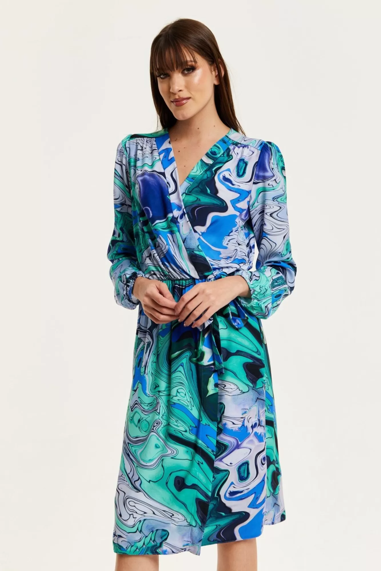 Midi Dresses^Liquorish Turquoise Marble Print Midi Wrap Dress Blue