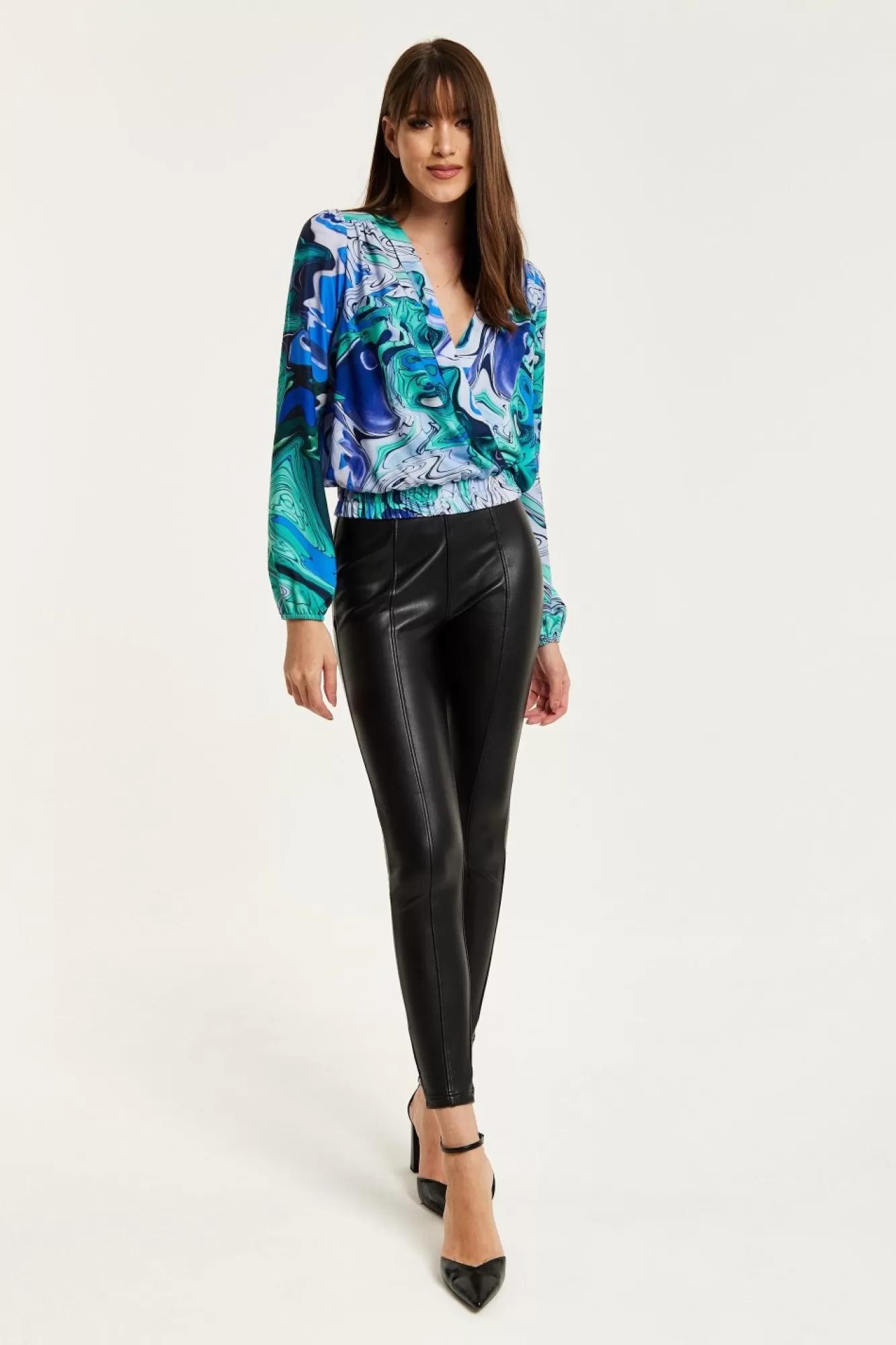 Blouses^Liquorish Turquoise Marble Print Wrap Top Blue