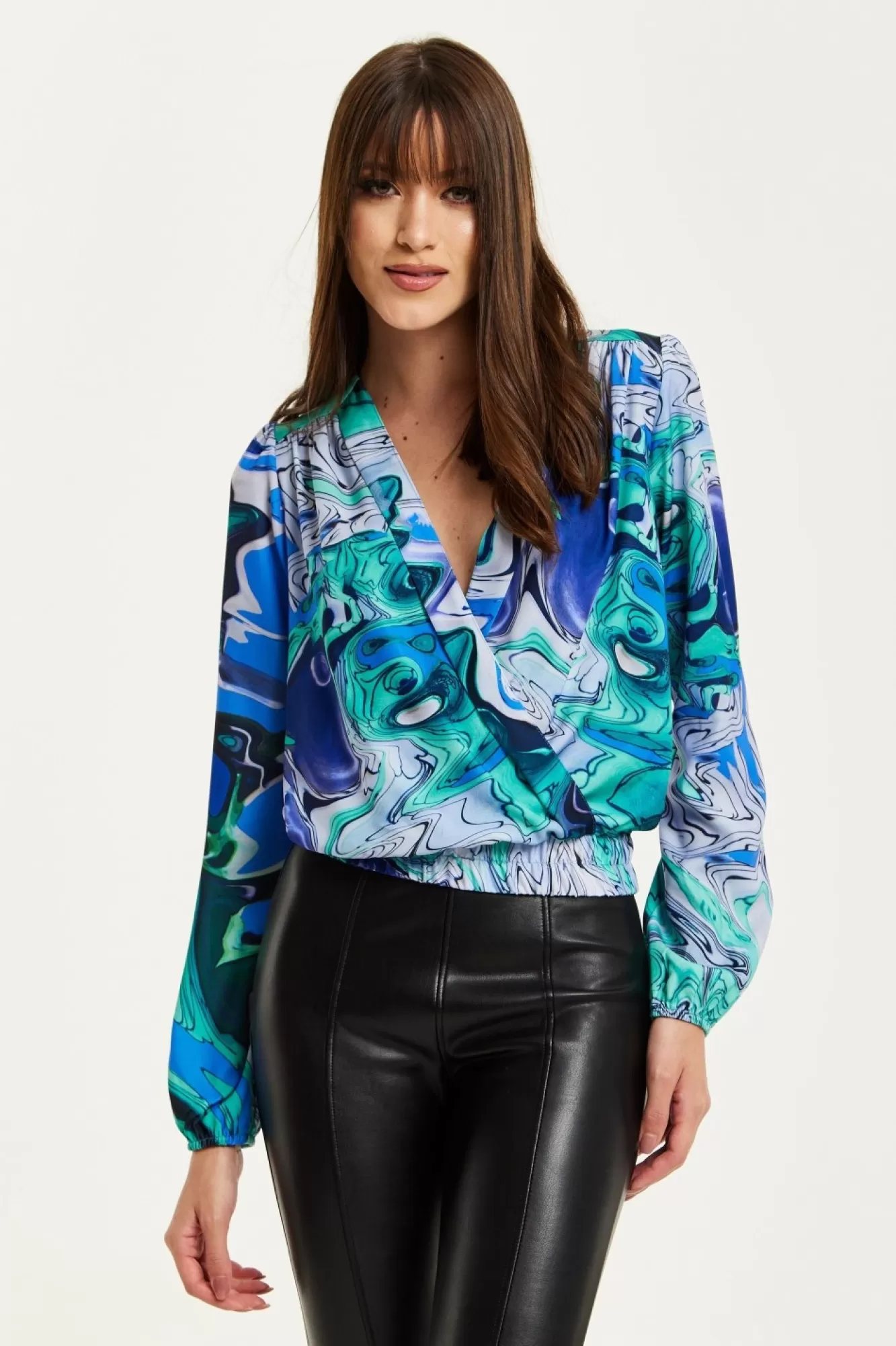 Blouses^Liquorish Turquoise Marble Print Wrap Top Blue