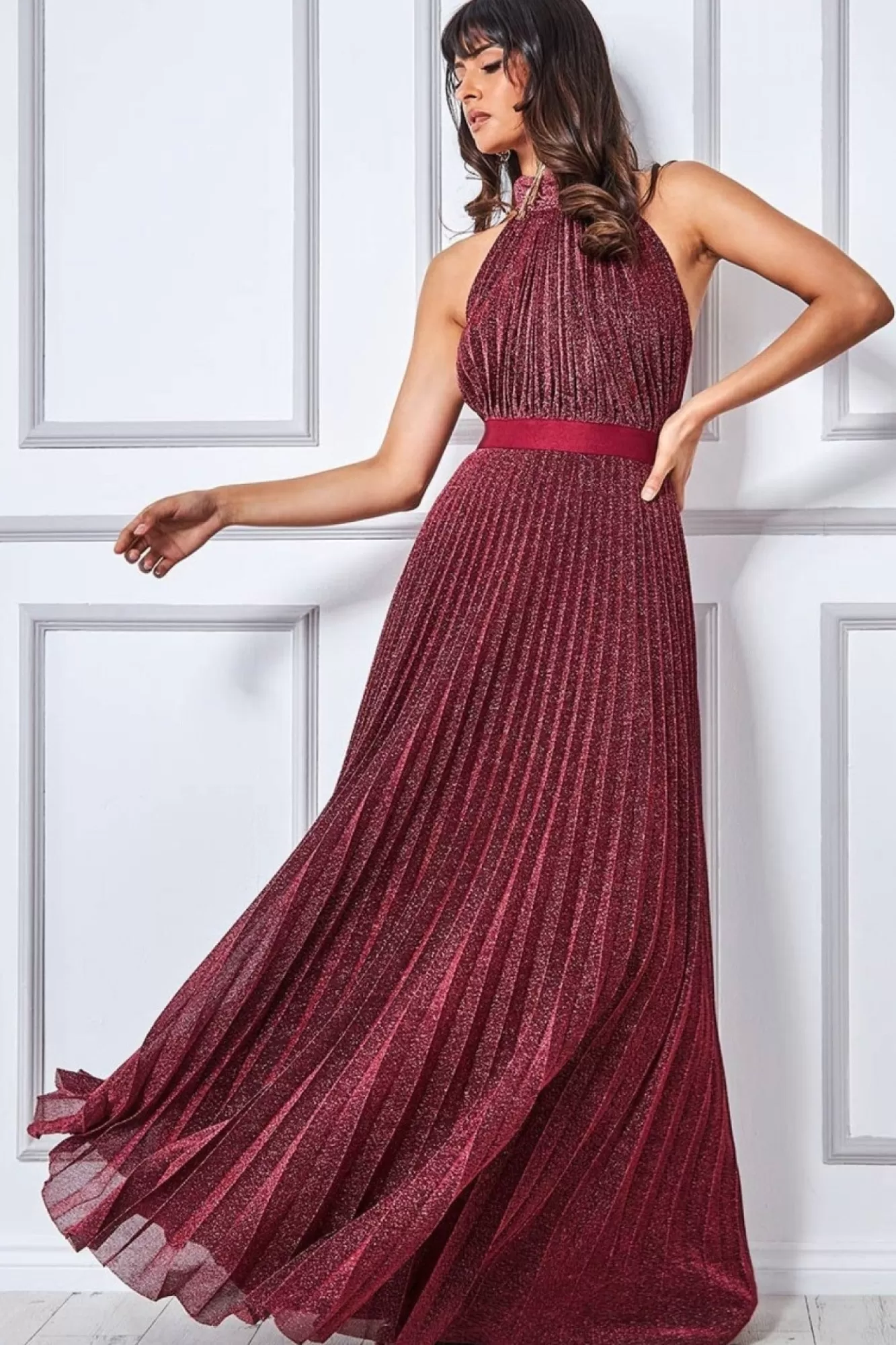 Maxi Dresses^* Lurex Halterneck Pleated Maxi Dress Wine