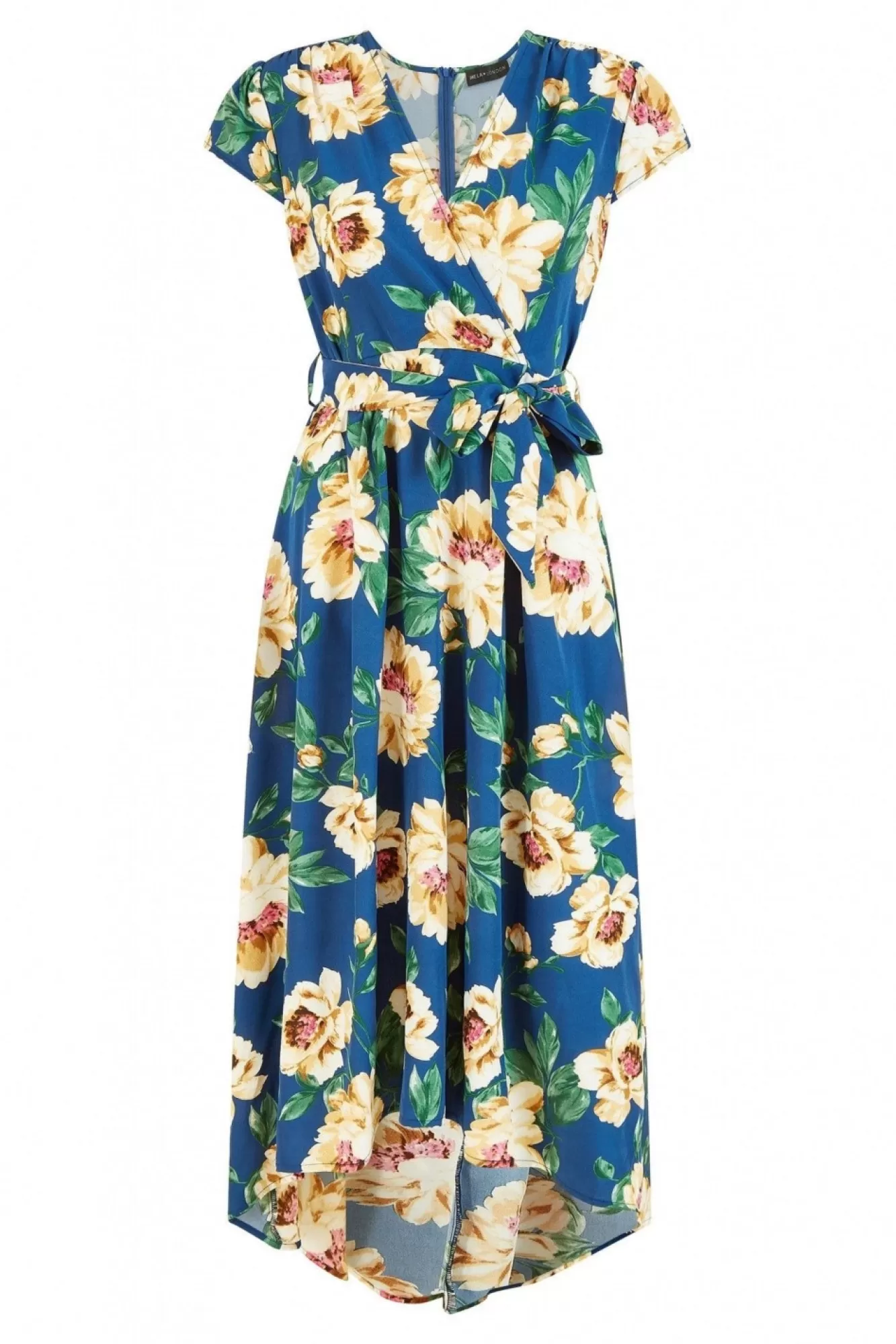 Midi Dresses^Mela London Painted Floral Print Dipped Hem Wrap Dress Blue