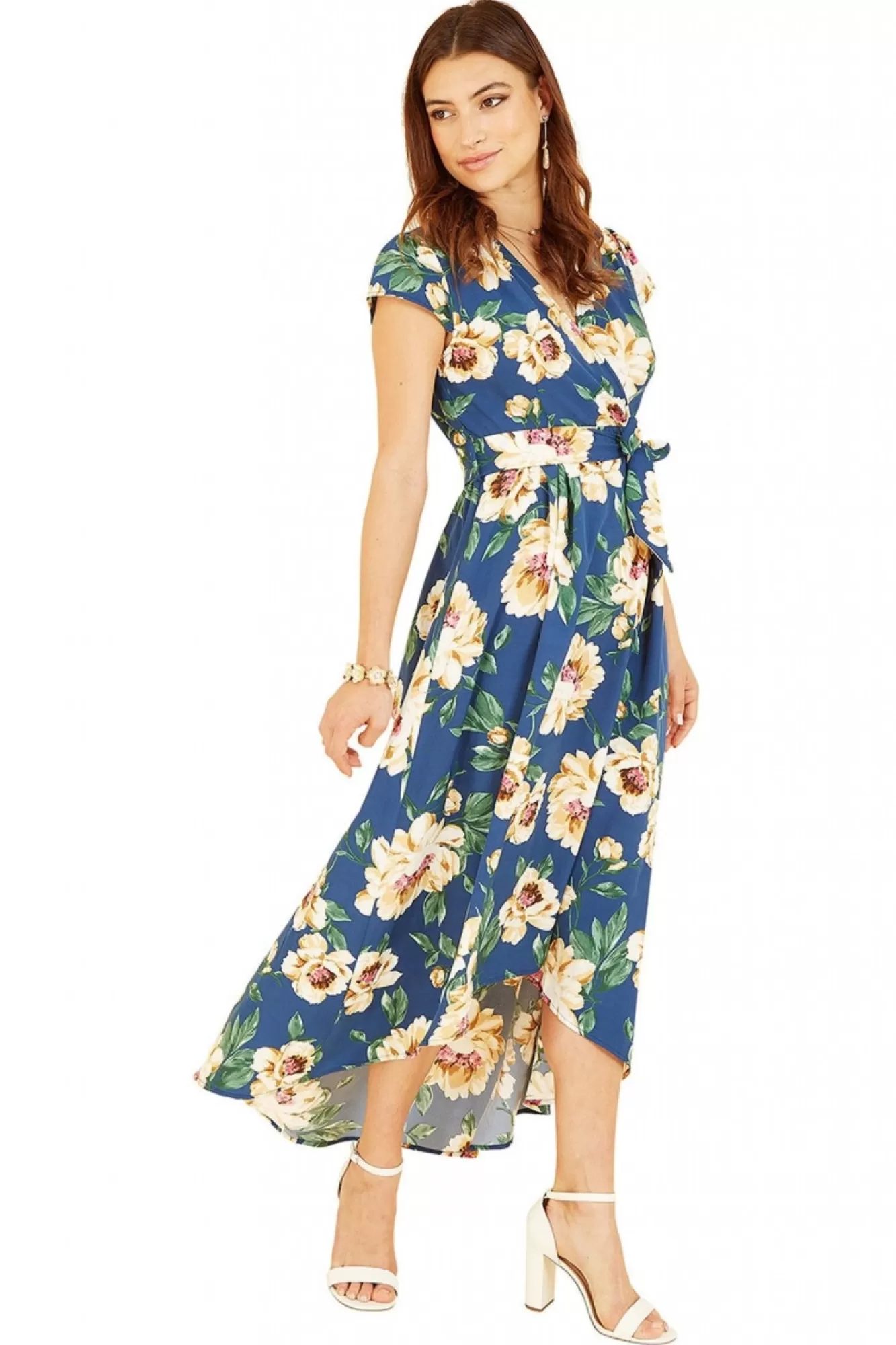 Midi Dresses^Mela London Painted Floral Print Dipped Hem Wrap Dress Blue