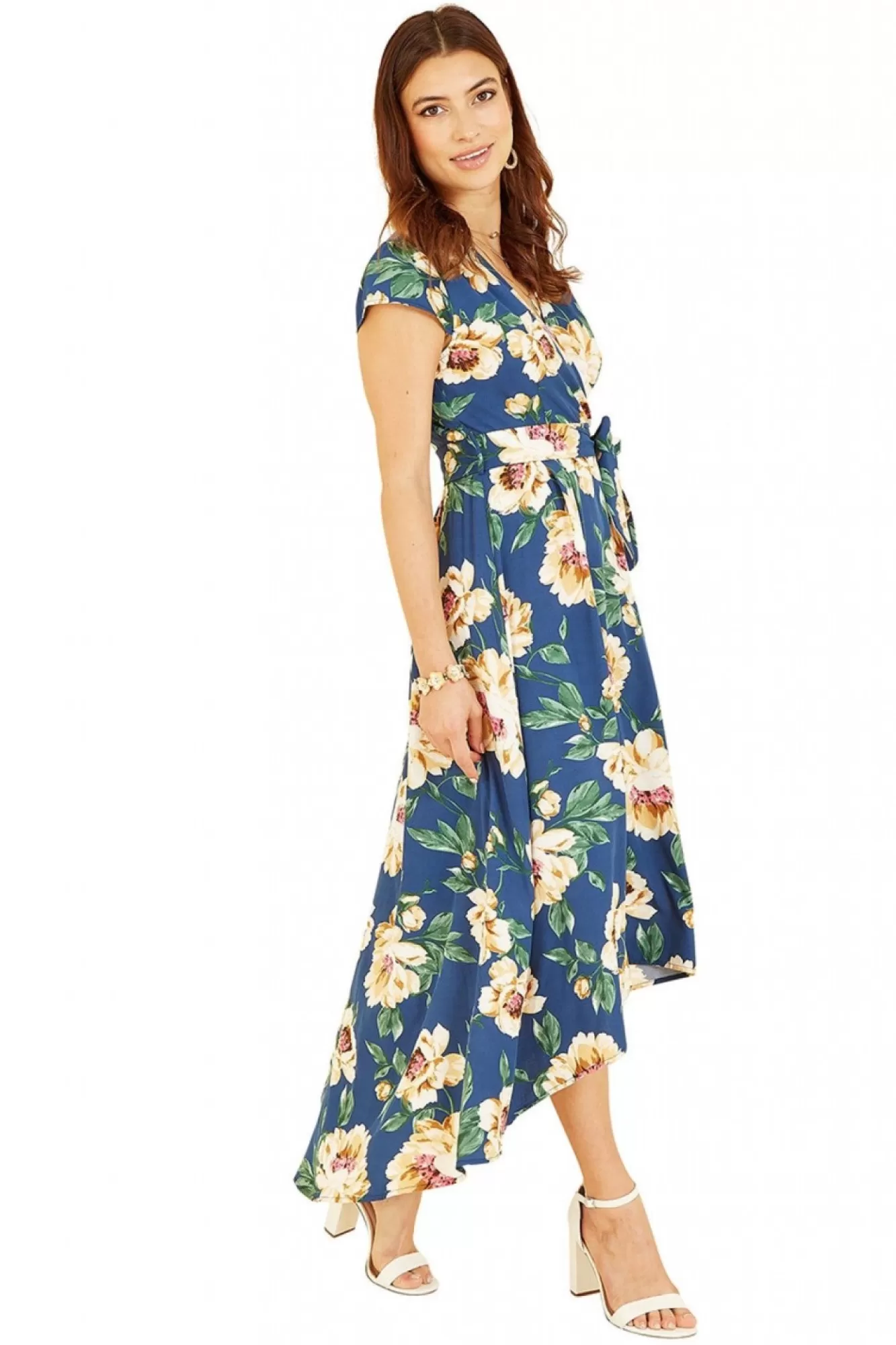 Midi Dresses^Mela London Painted Floral Print Dipped Hem Wrap Dress Blue