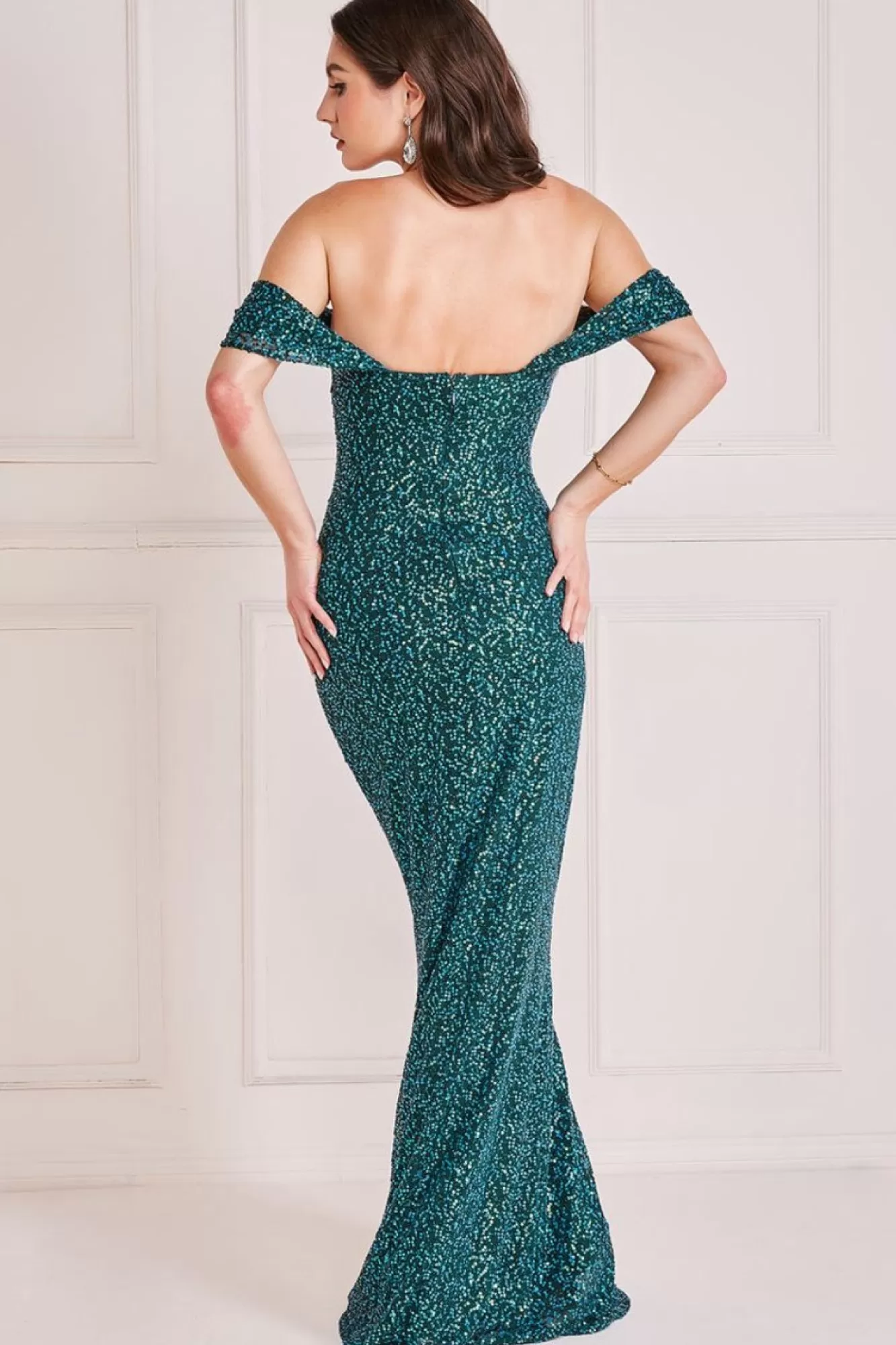 Maxi Dresses^* Off The Shoulder Sequin Wing Maxi Emerald