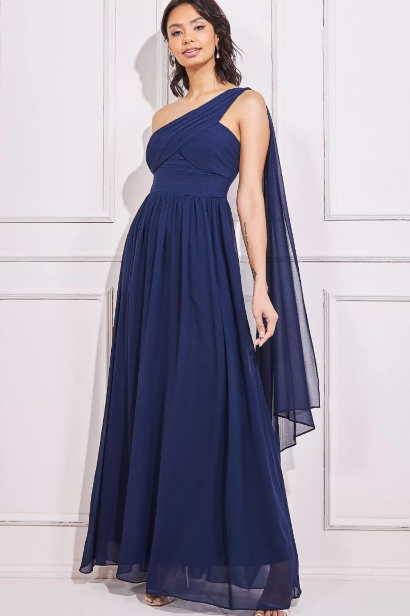 Maxi Dresses^* One Shoulder Pleated Chiffon Scarf Maxi Navy