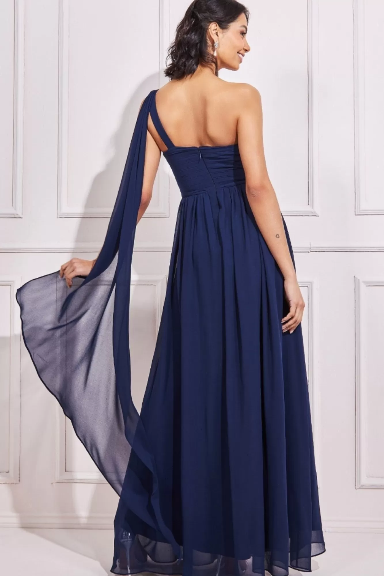 Maxi Dresses^* One Shoulder Pleated Chiffon Scarf Maxi Navy