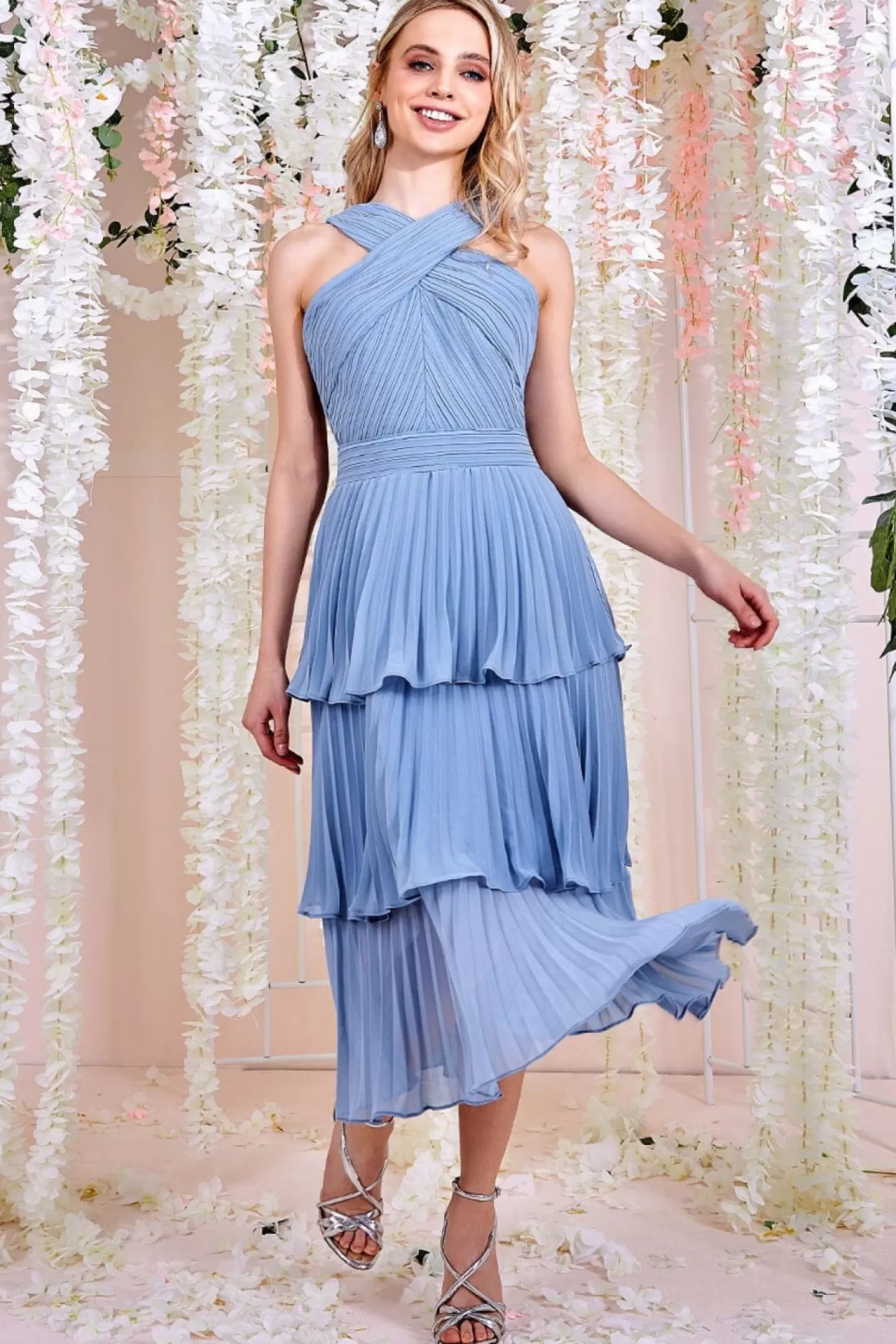 Midi Dresses^* Pleated Bodice Chiffon Tiered Midi Blue