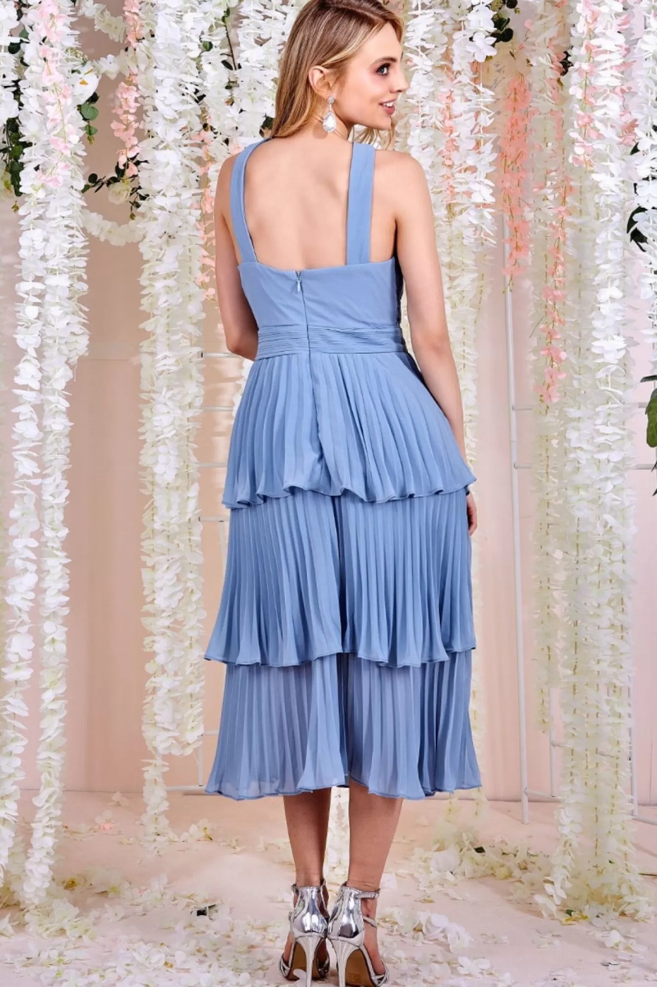 Midi Dresses^* Pleated Bodice Chiffon Tiered Midi Blue