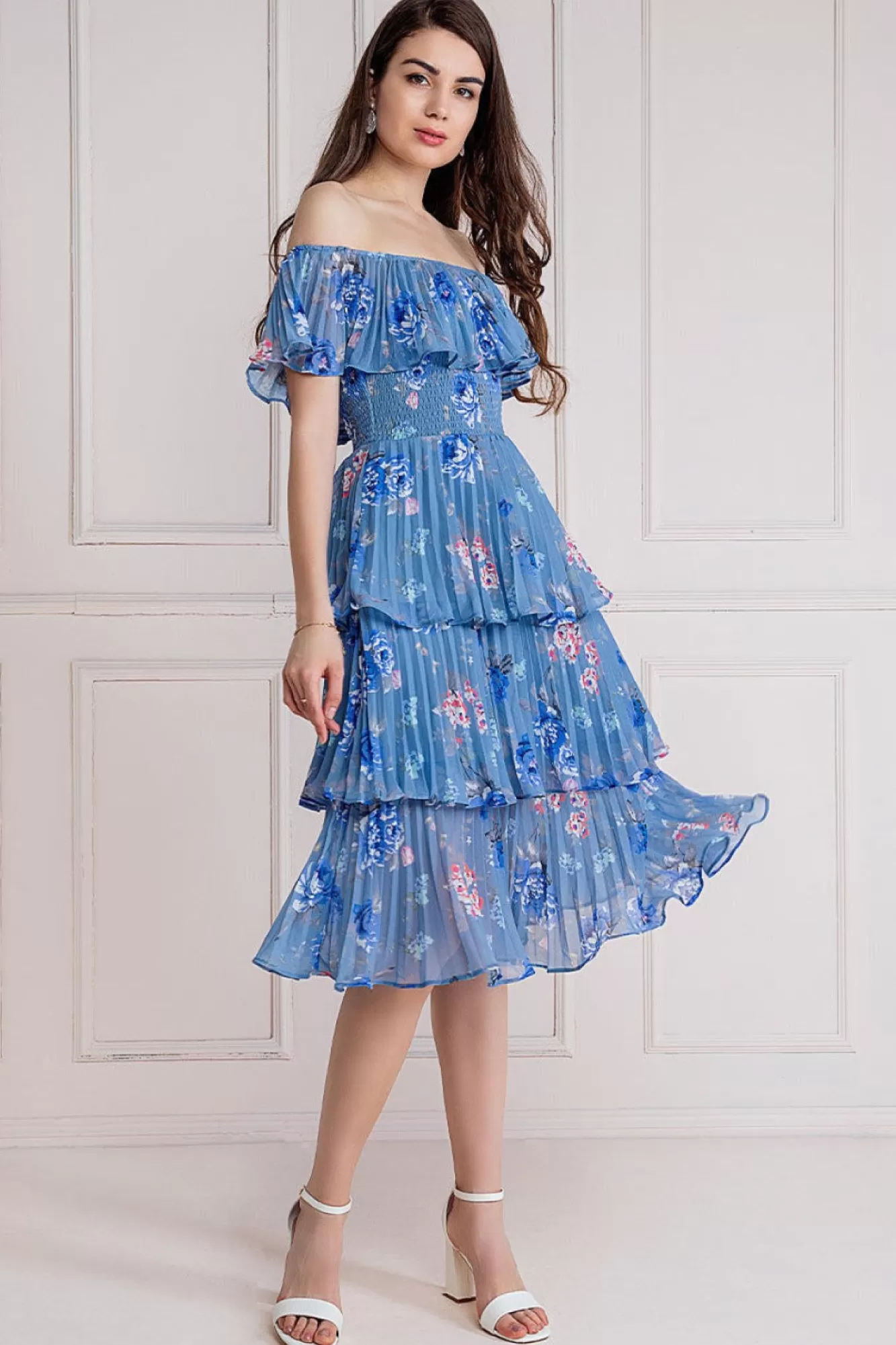 Midi Dresses^* Pleated Bodice Chiffon Tiered Midi Dress Blue