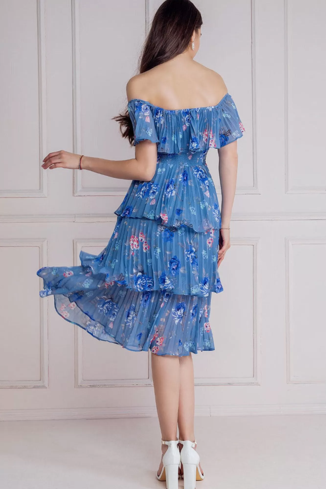 Midi Dresses^* Pleated Bodice Chiffon Tiered Midi Dress Blue