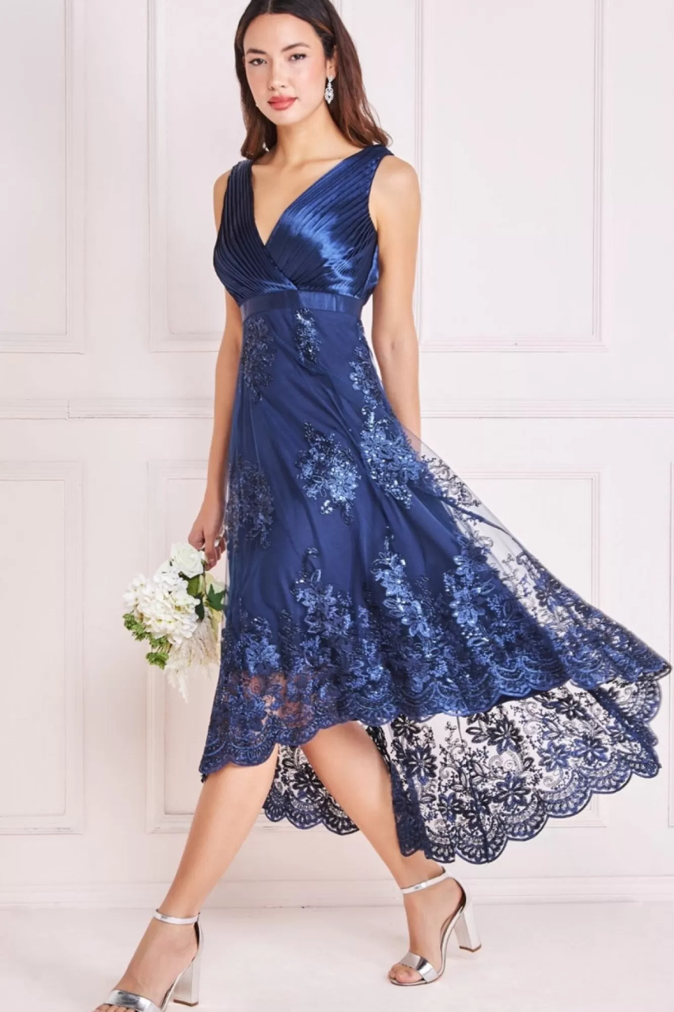 Midi Dresses^* Pleated Satin V Neck High And Low Midi Navy
