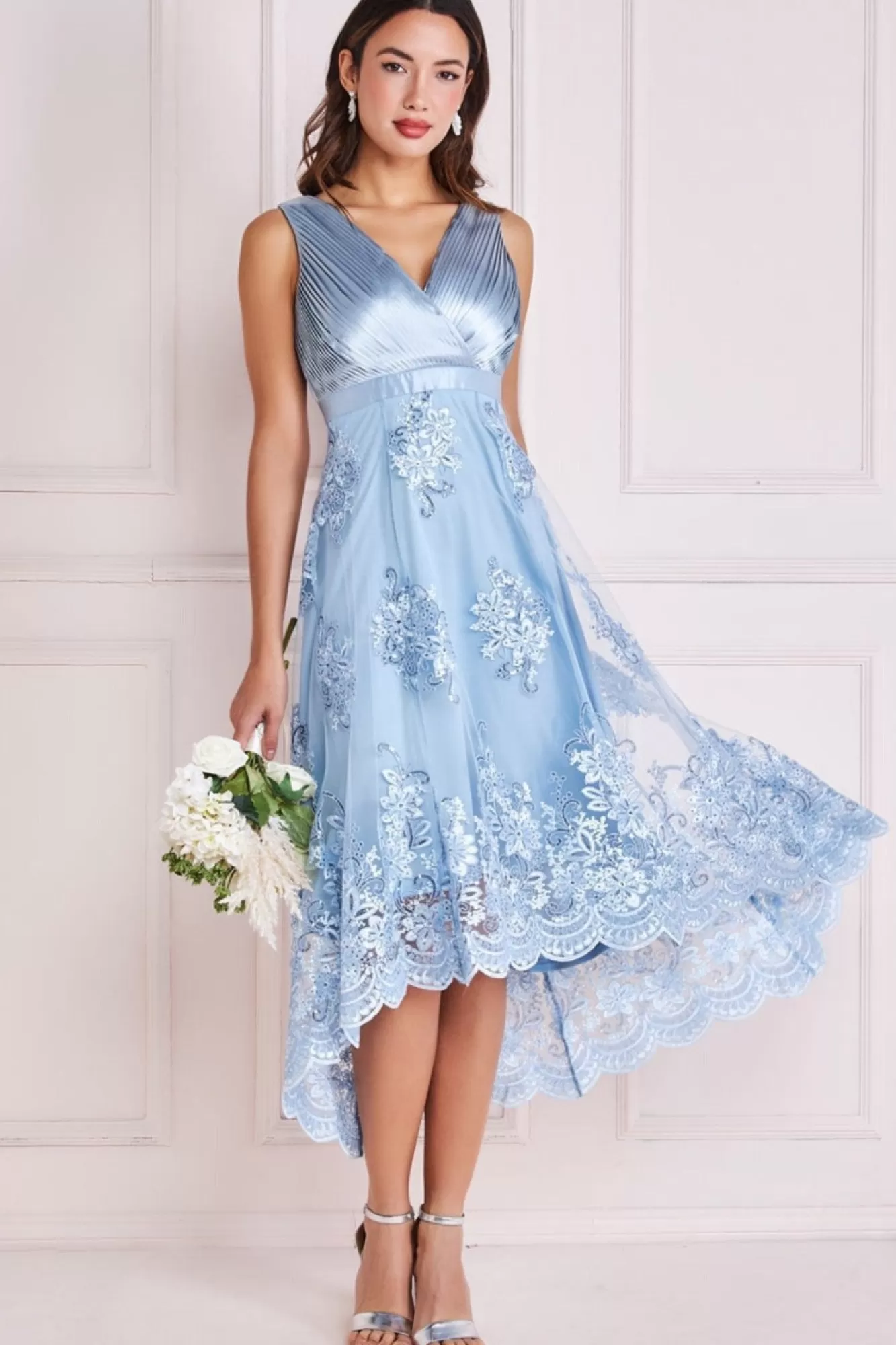 Midi Dresses^* Pleated Satin V Neck High And Low Midi Lightblue