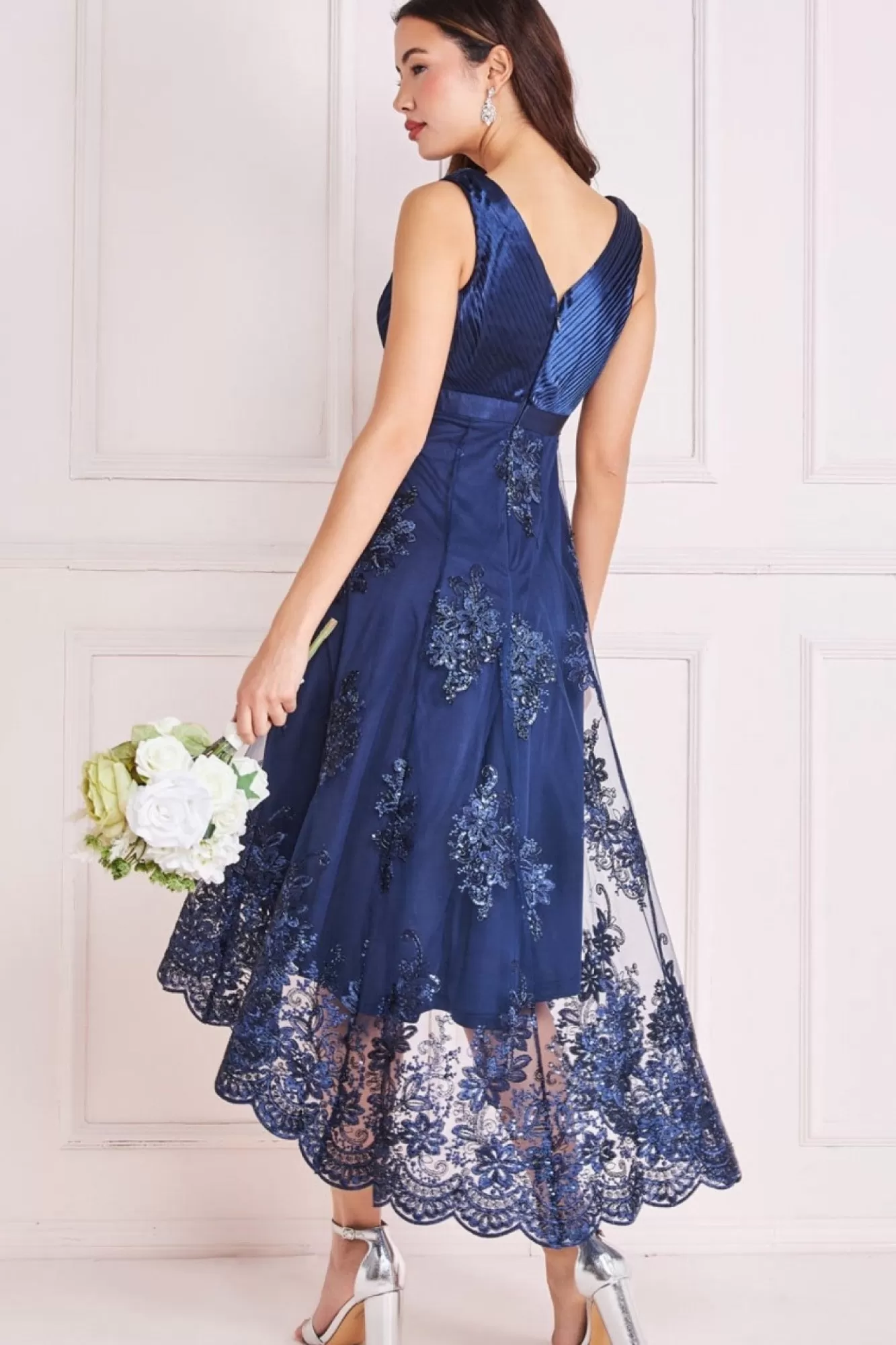 Midi Dresses^* Pleated Satin V Neck High And Low Midi Navy