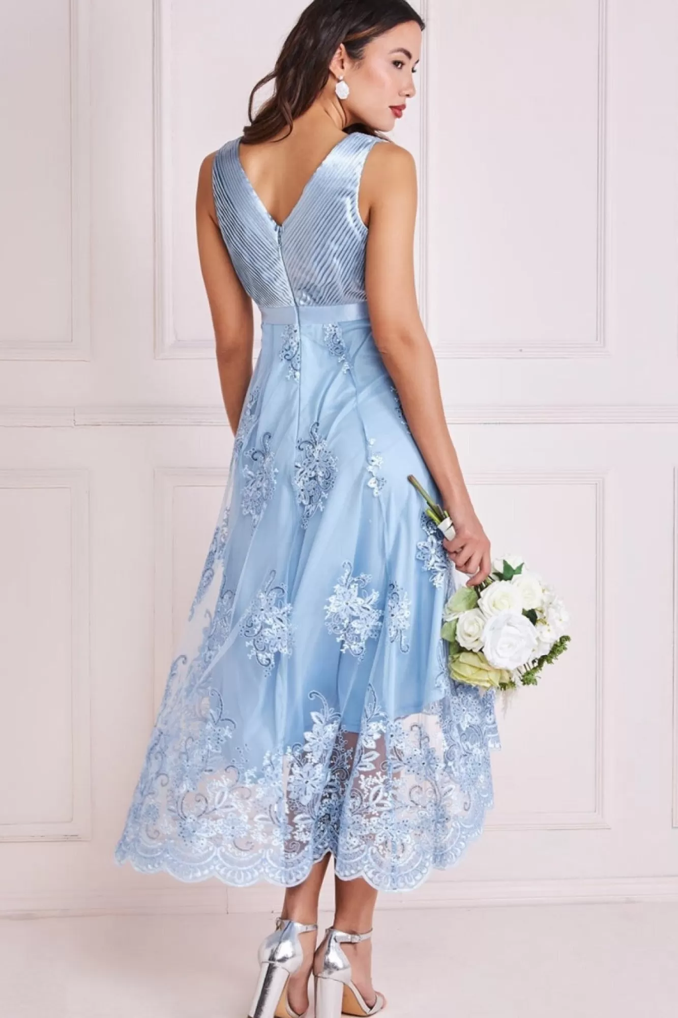Midi Dresses^* Pleated Satin V Neck High And Low Midi Lightblue