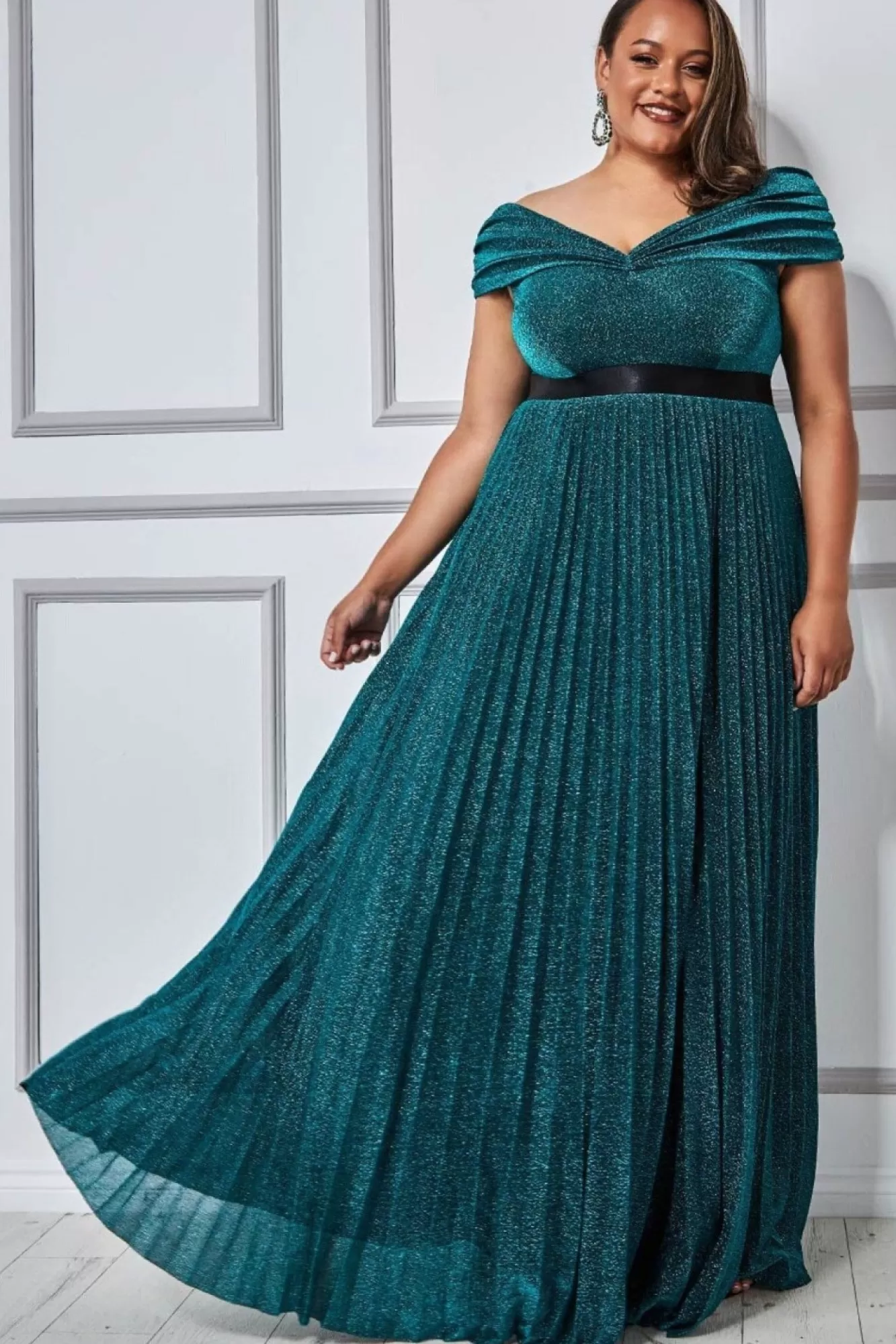 Maxi Dresses^* Plus Bardot Pleated Skirt Maxi Dress Green Emerald
