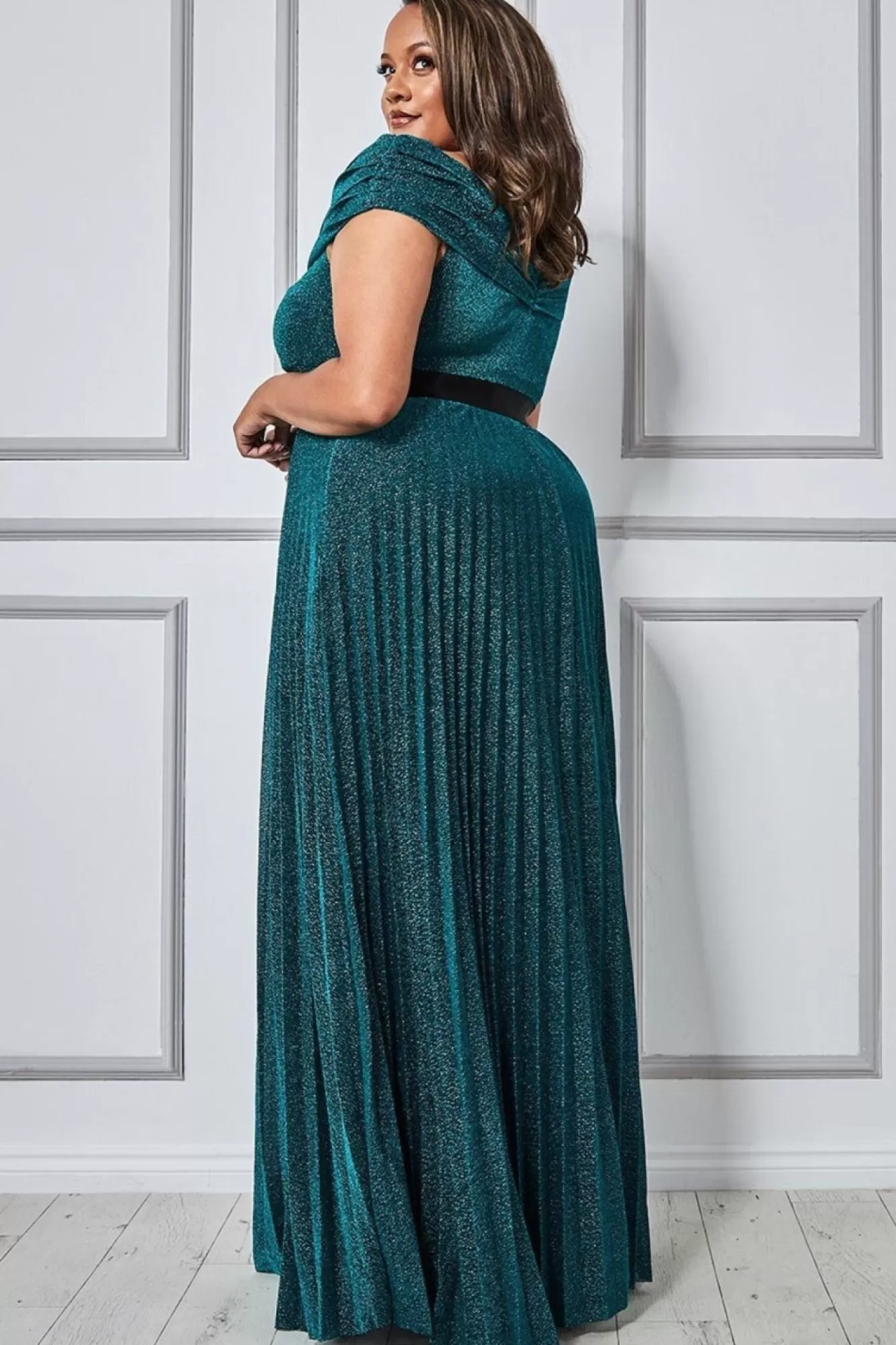 Maxi Dresses^* Plus Bardot Pleated Skirt Maxi Dress Green Emerald