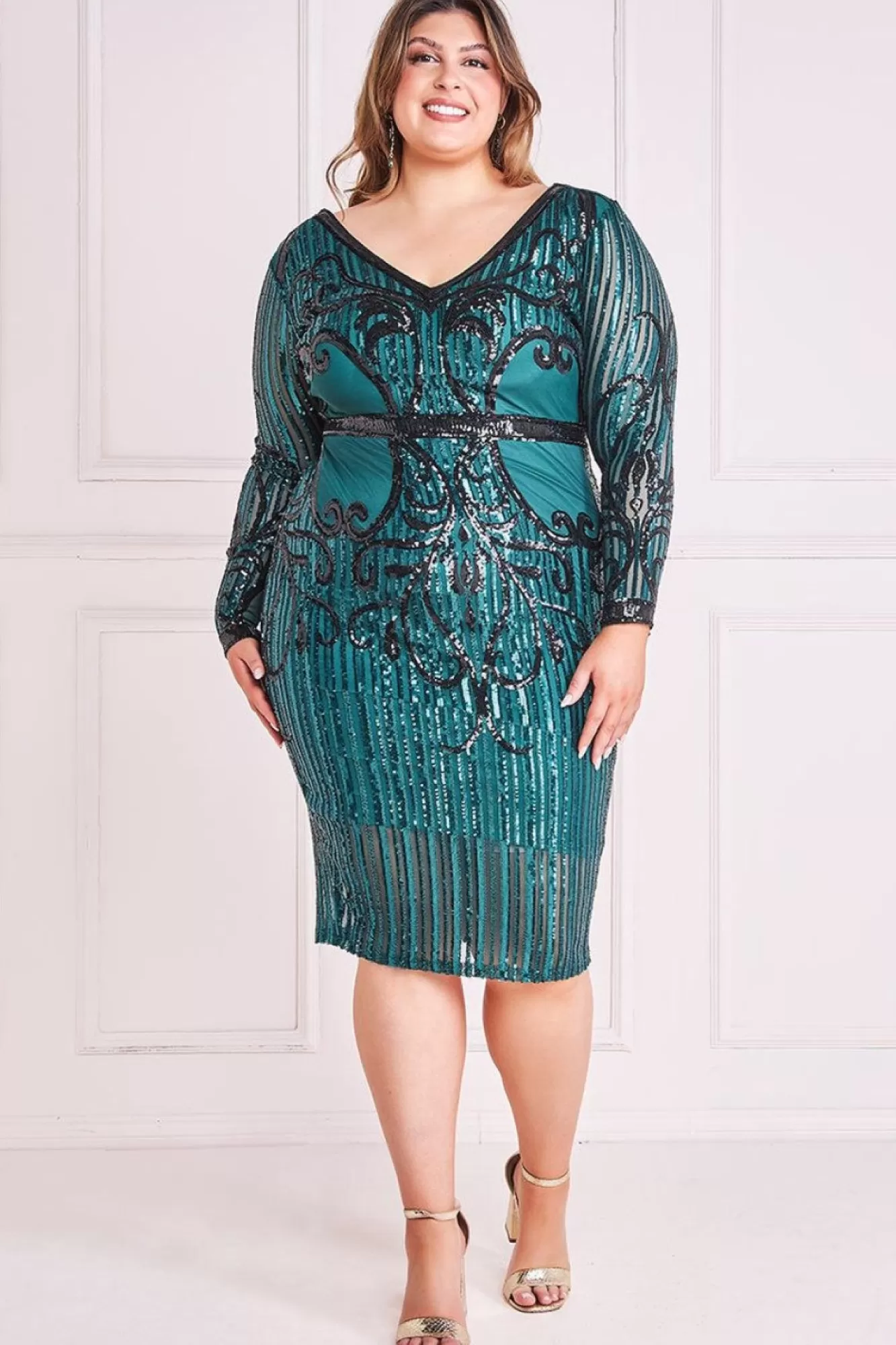 Midi Dresses^* Plus Sequin Mesh V Neck Midi Emerald