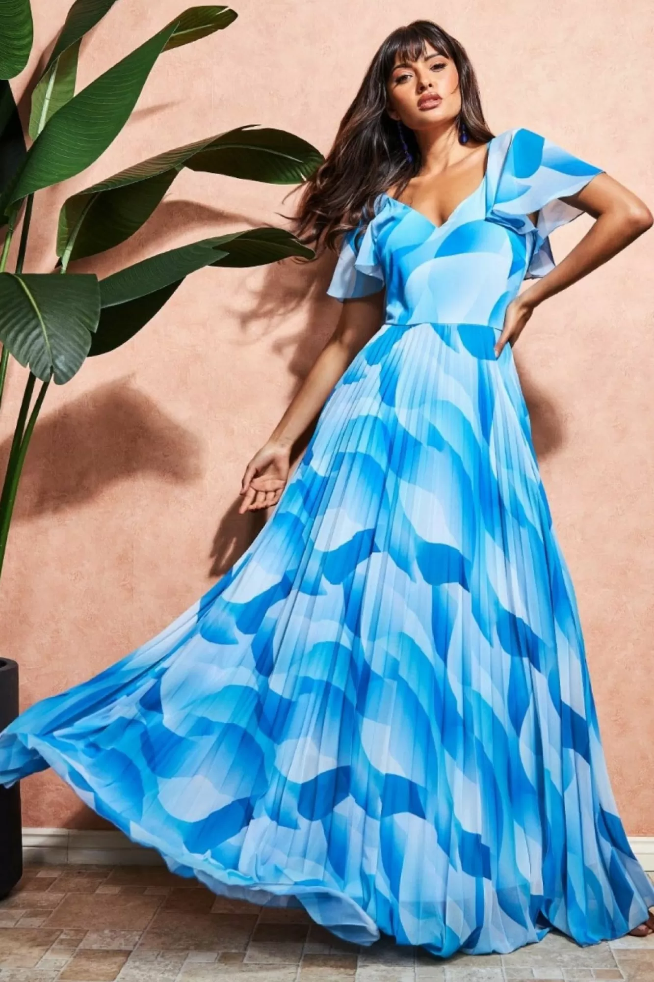 Maxi Dresses^* Printed Chiffon Pleated Maxi Dress Blue