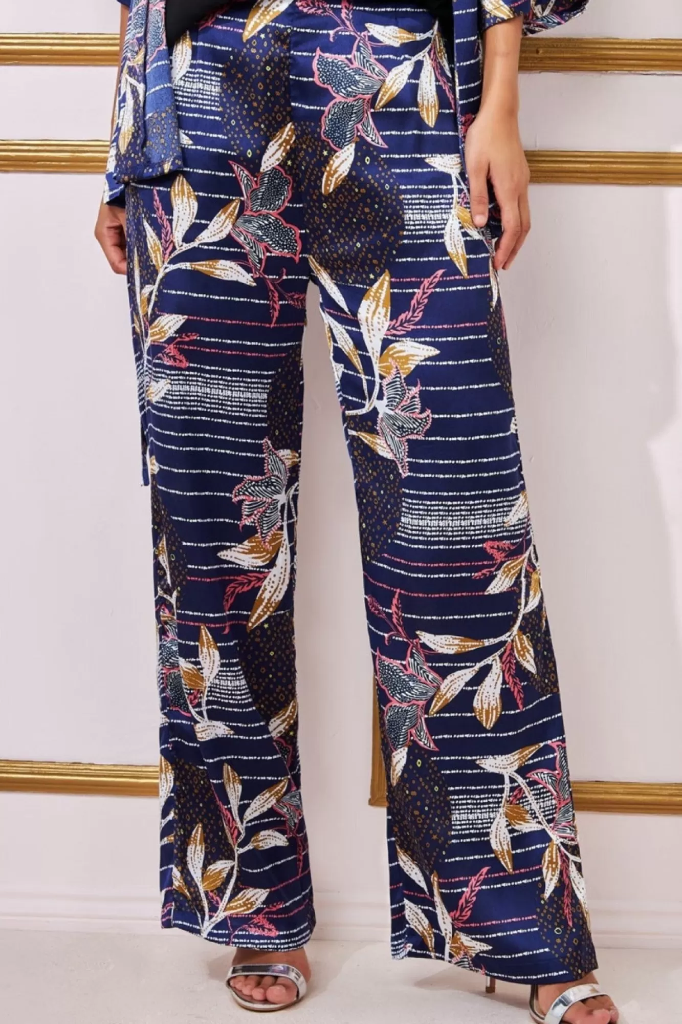 Trousers^* Printed Satin Wide Leg Trouser Navy