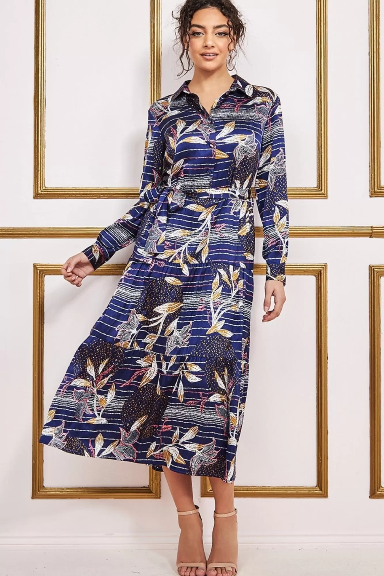 Midi Dresses^* Printed Tiered Shirt Midi Dress Navy
