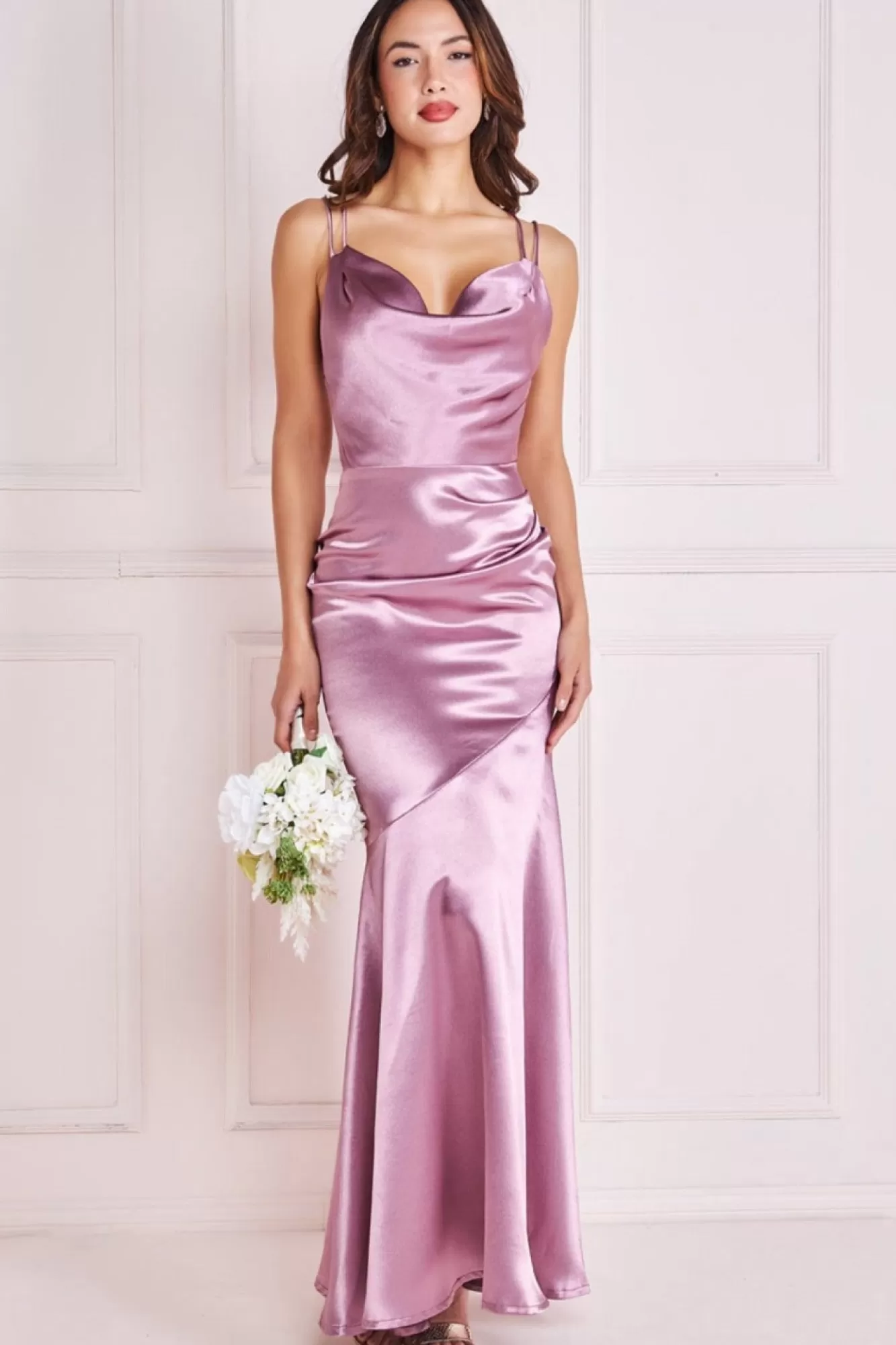 Maxi Dresses^* Satin Cowl Neck With Strappy Back Maxi Pink