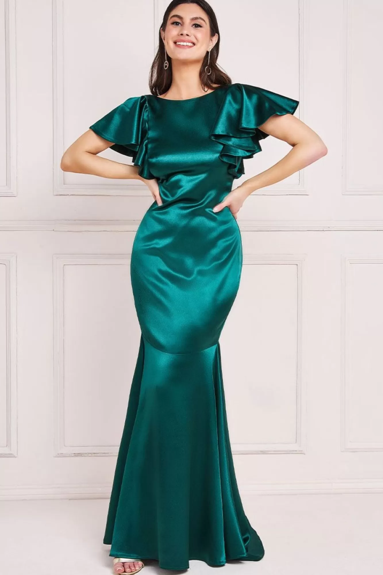 Maxi Dresses^* Satin Flutter Sleeve Mermaid Maxi Emerald