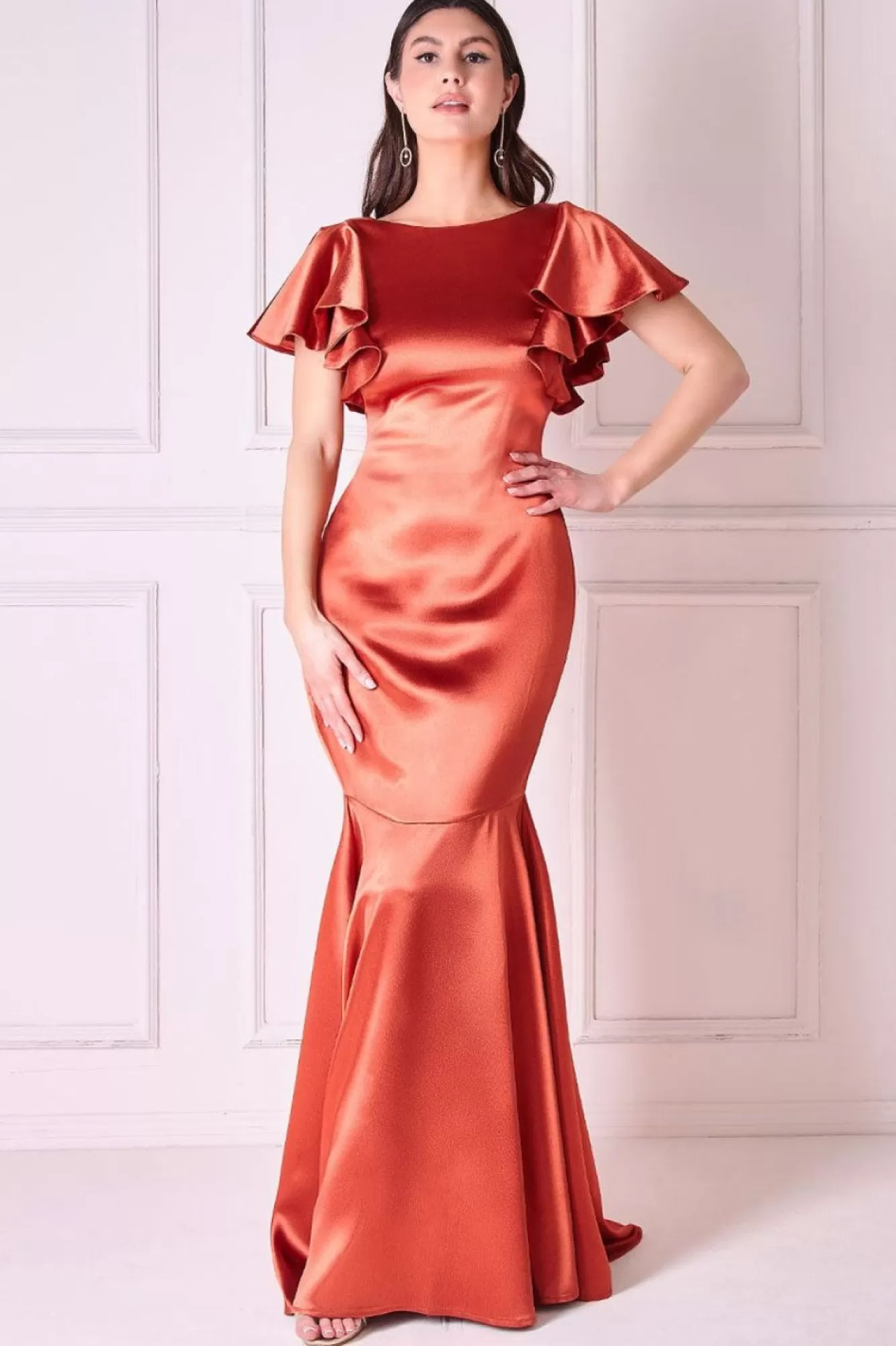 Maxi Dresses^* Satin Flutter Sleeve Mermaid Maxi Burntorange