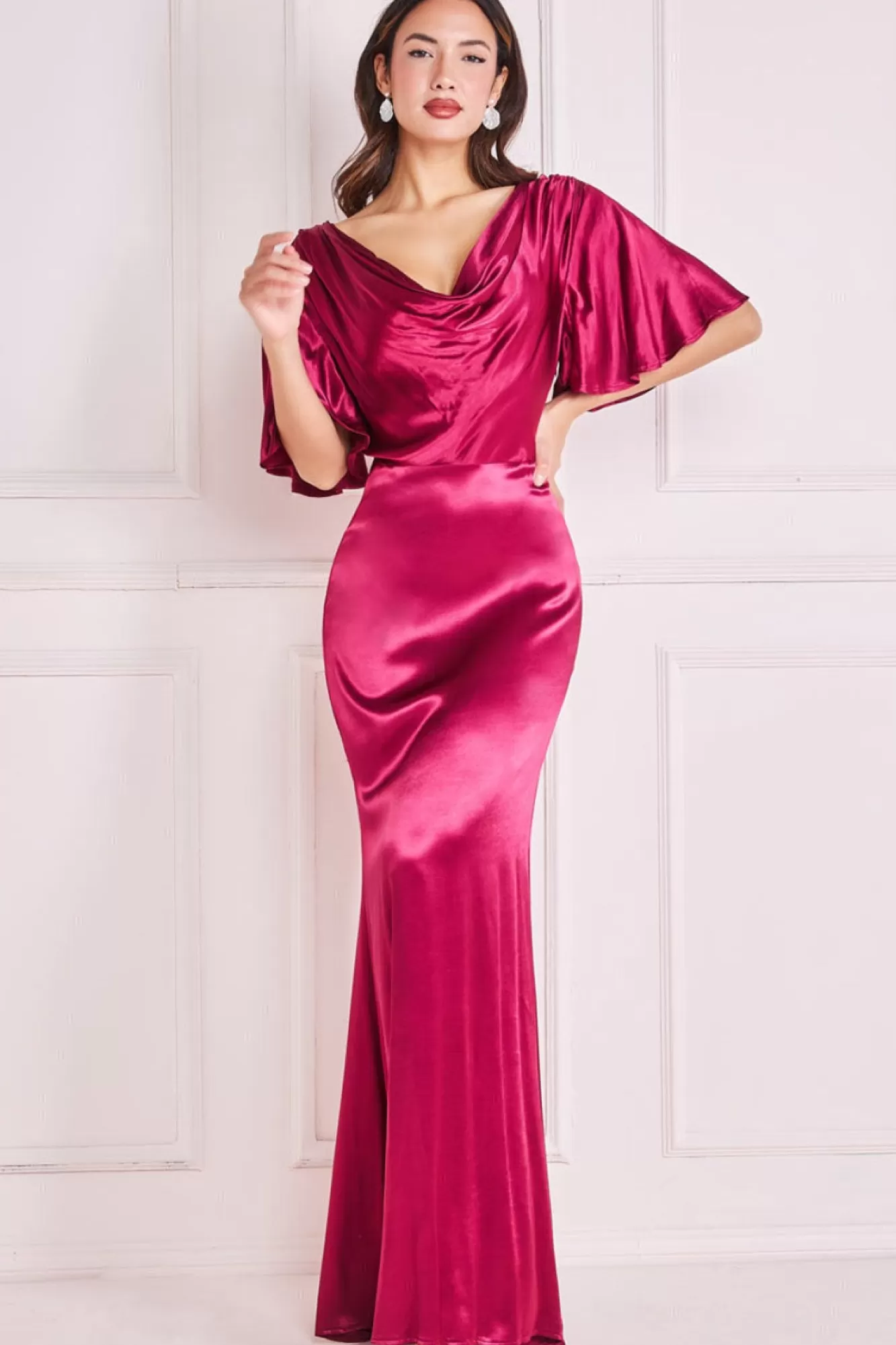 Maxi Dresses^* Satin Viscose Cowl Neck Maxi With Train Burgundy