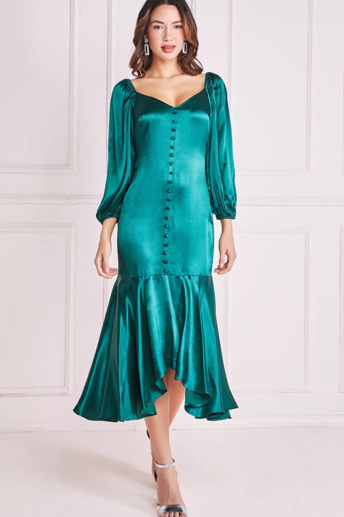 Midi Dresses^* Satin Viscose Front Buttoned Dipped Hem Emerald