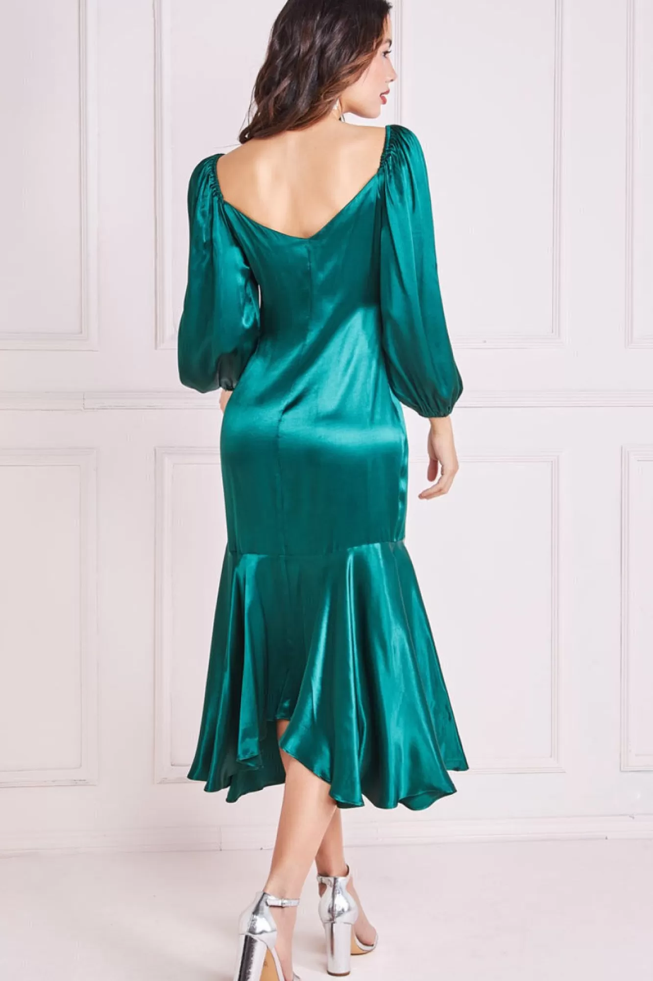 Midi Dresses^* Satin Viscose Front Buttoned Dipped Hem Emerald
