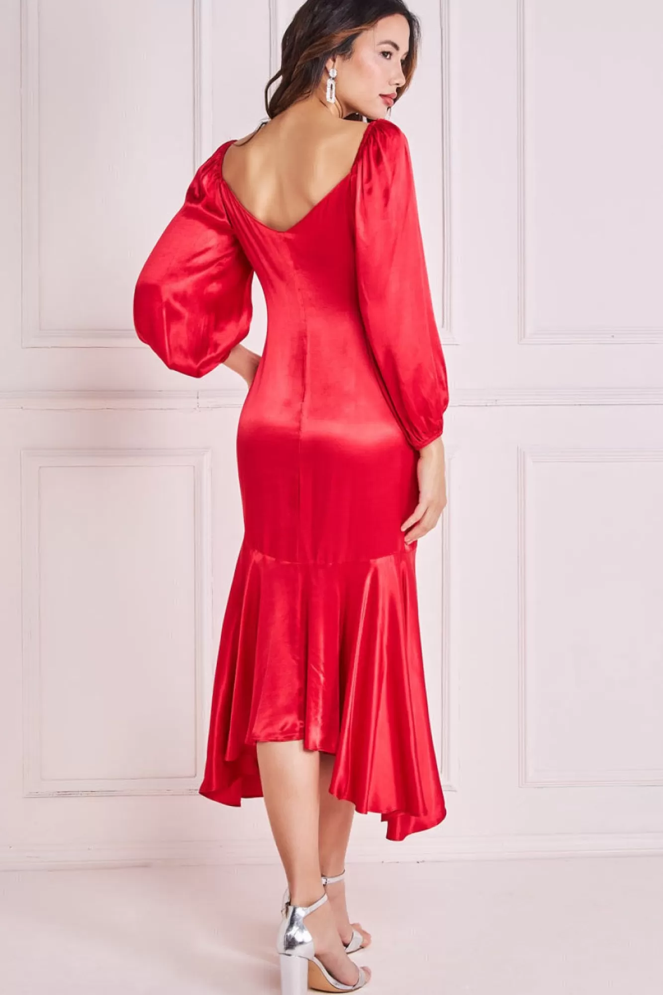 Midi Dresses^* Satin Viscose Front Buttoned Dipped Hem Midi Red