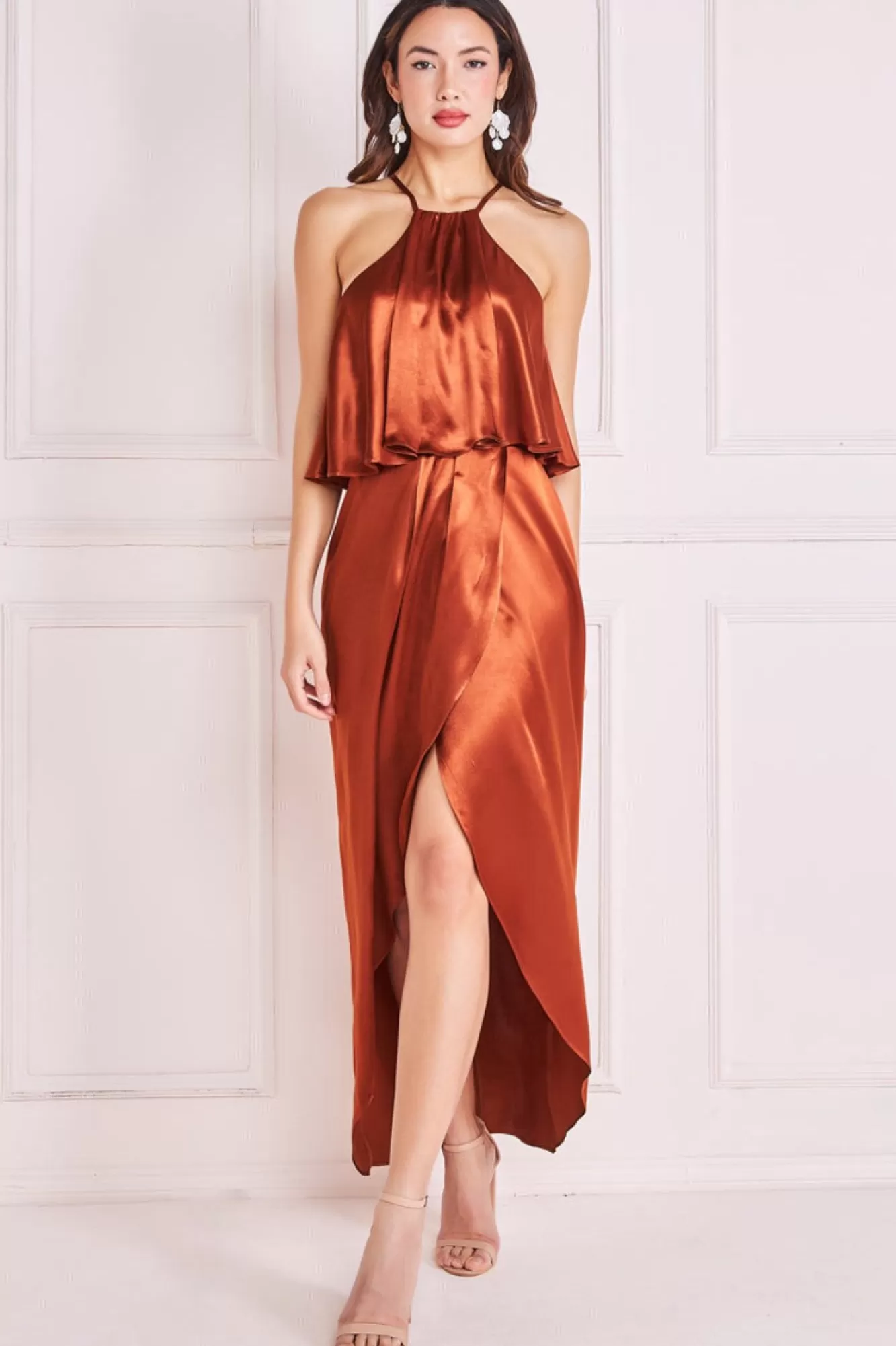 Midi Dresses^* Satin Viscose Front Wrap Midi Brown
