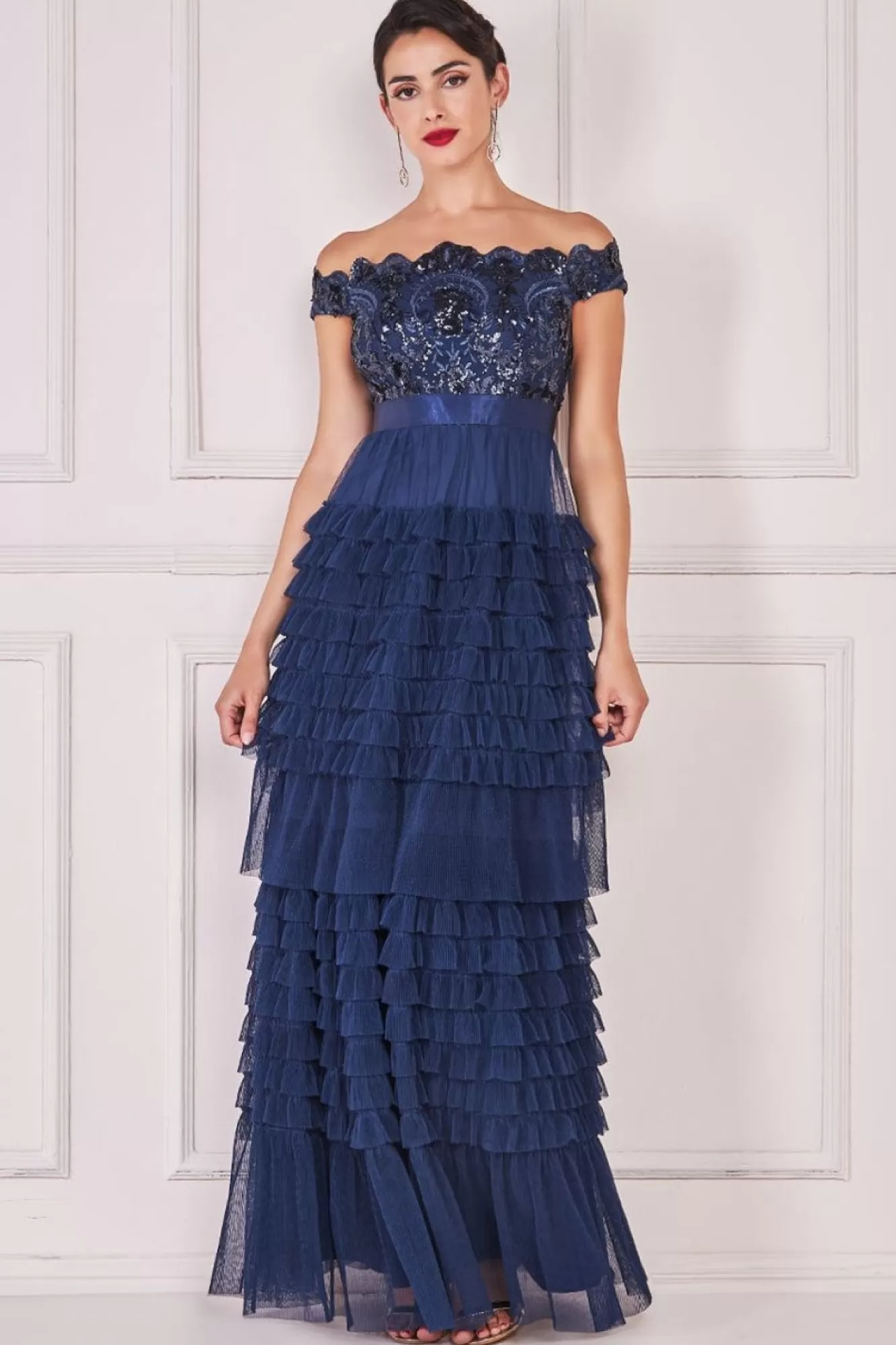 Maxi Dresses^* Scallop Bardot Ruffle Mesh Maxi Navy
