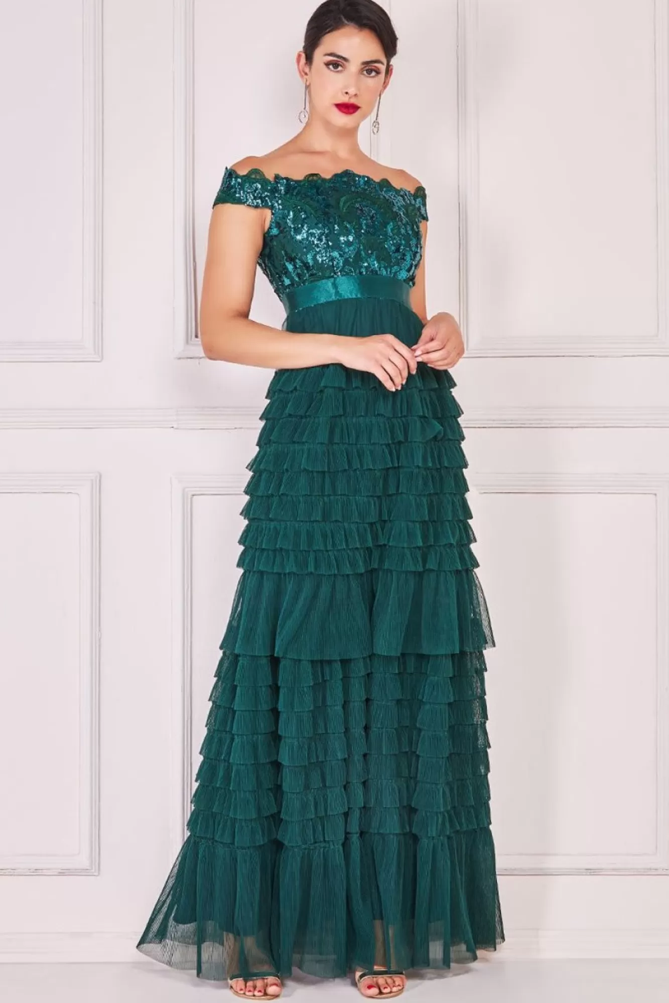 Maxi Dresses^* Scallop Bardot Ruffle Mesh Maxi Emerald
