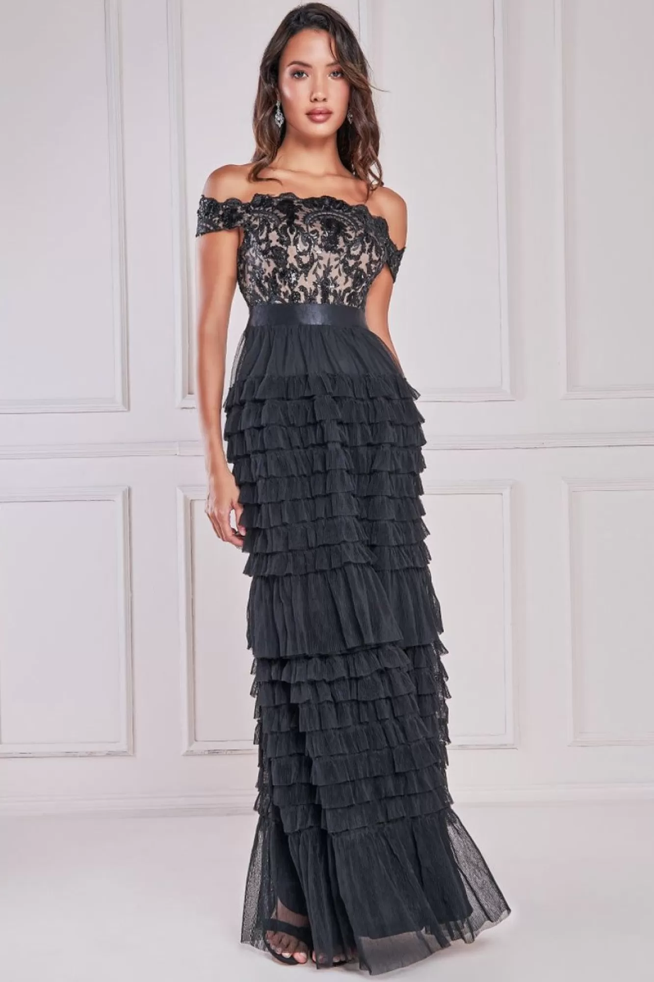 Maxi Dresses^* Scallop Bardot Ruffle Mesh Maxi Black