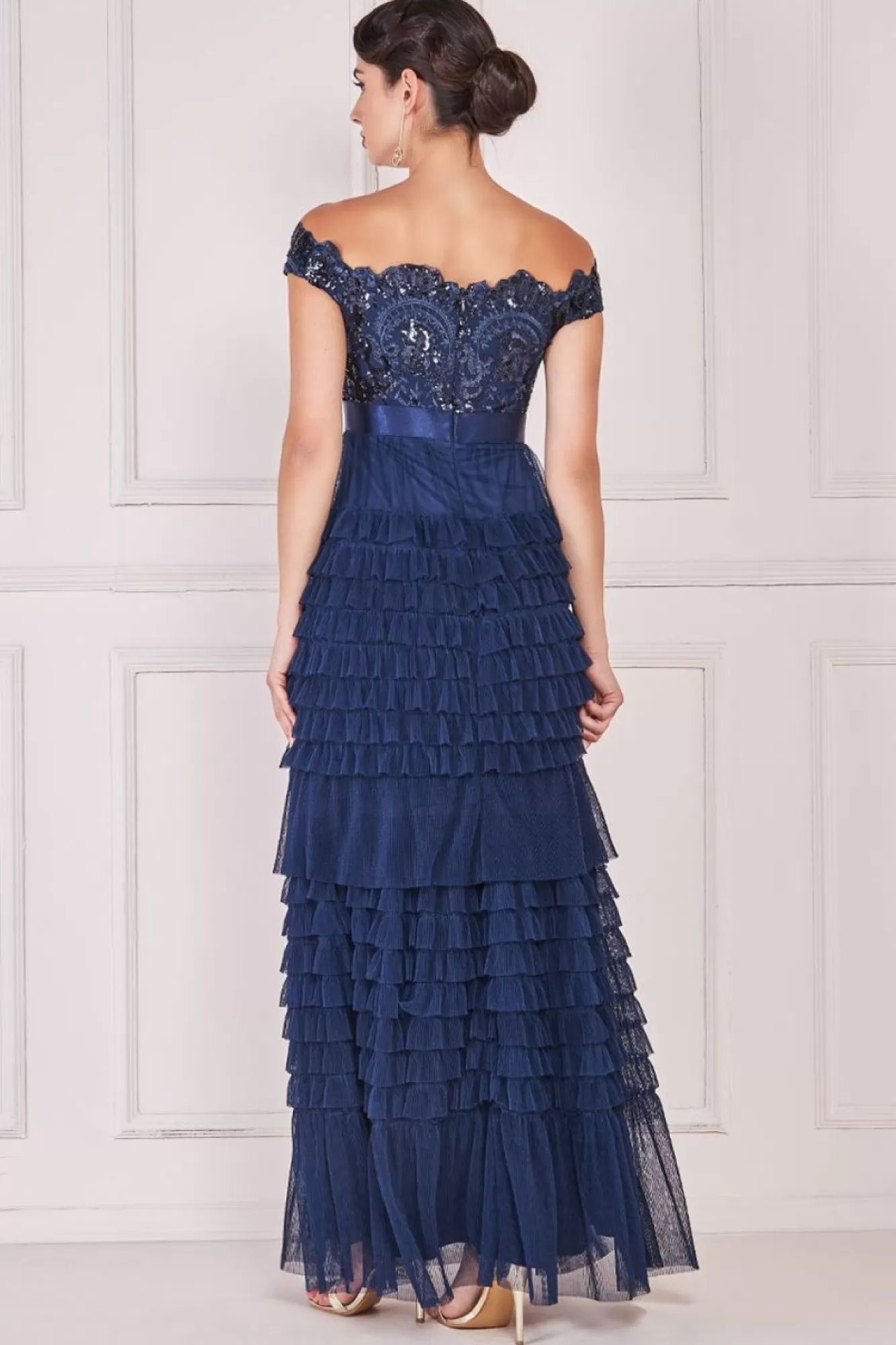 Maxi Dresses^* Scallop Bardot Ruffle Mesh Maxi Navy