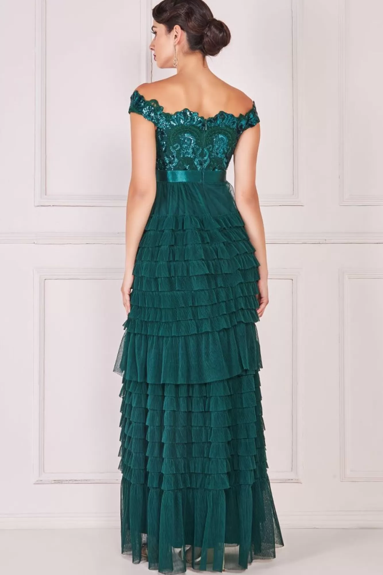 Maxi Dresses^* Scallop Bardot Ruffle Mesh Maxi Emerald