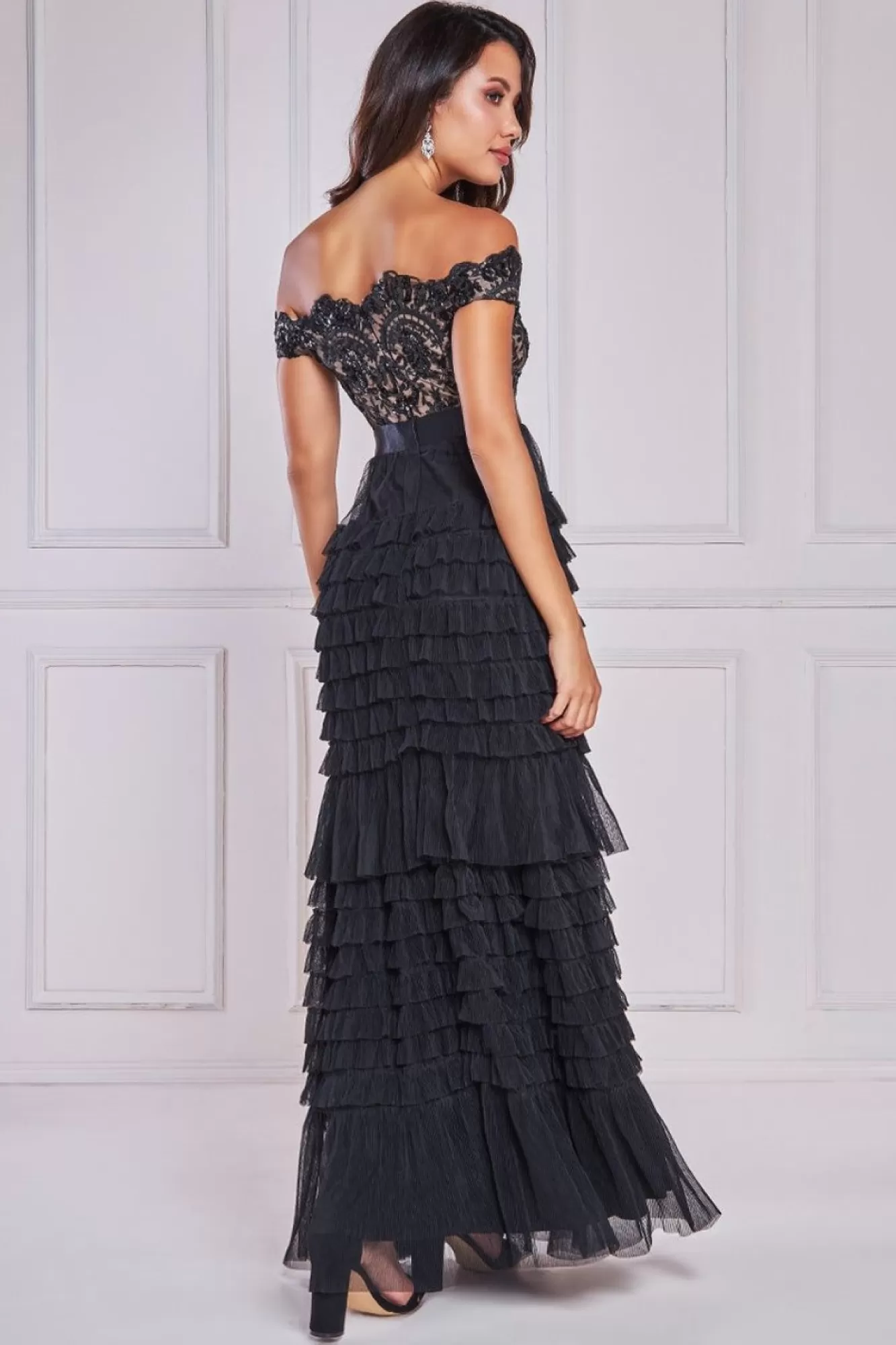 Maxi Dresses^* Scallop Bardot Ruffle Mesh Maxi Black